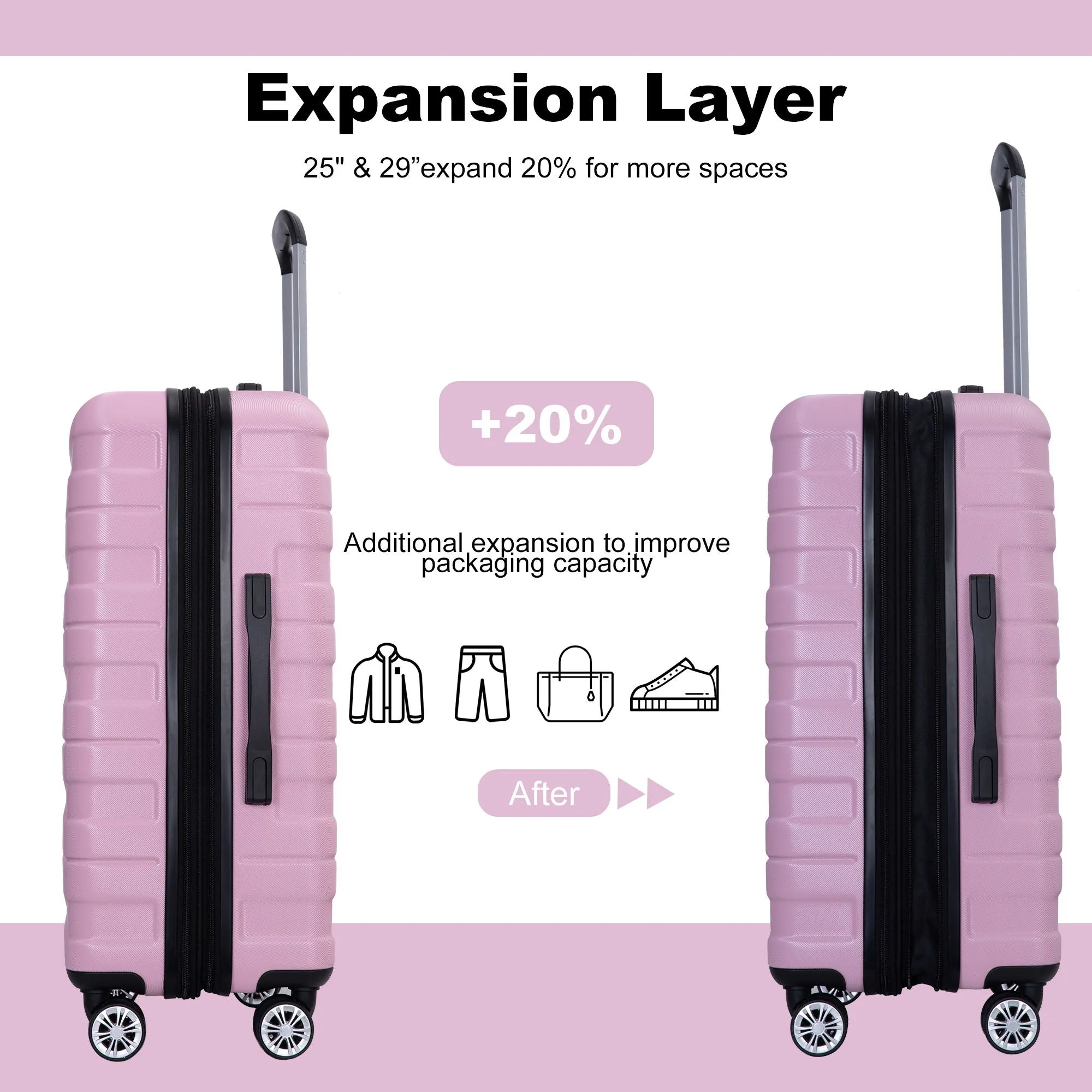 3 Piece Luggage Sets Pc Lightweight & Durable Expandable Suitcase With Two Hooks, Double Spinner Wheels, Tsa Lock, (21/25/29) Pink