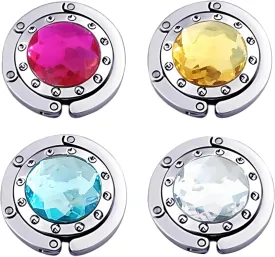 4 PCS Portable Purse Hanger with Foldable Design & Crystal Alloy,Tables Handbag Hook Space-Saving Closet Hook Organizer Accessory,4 Color (Hot Pink,Yellow,Sky Blue,White)