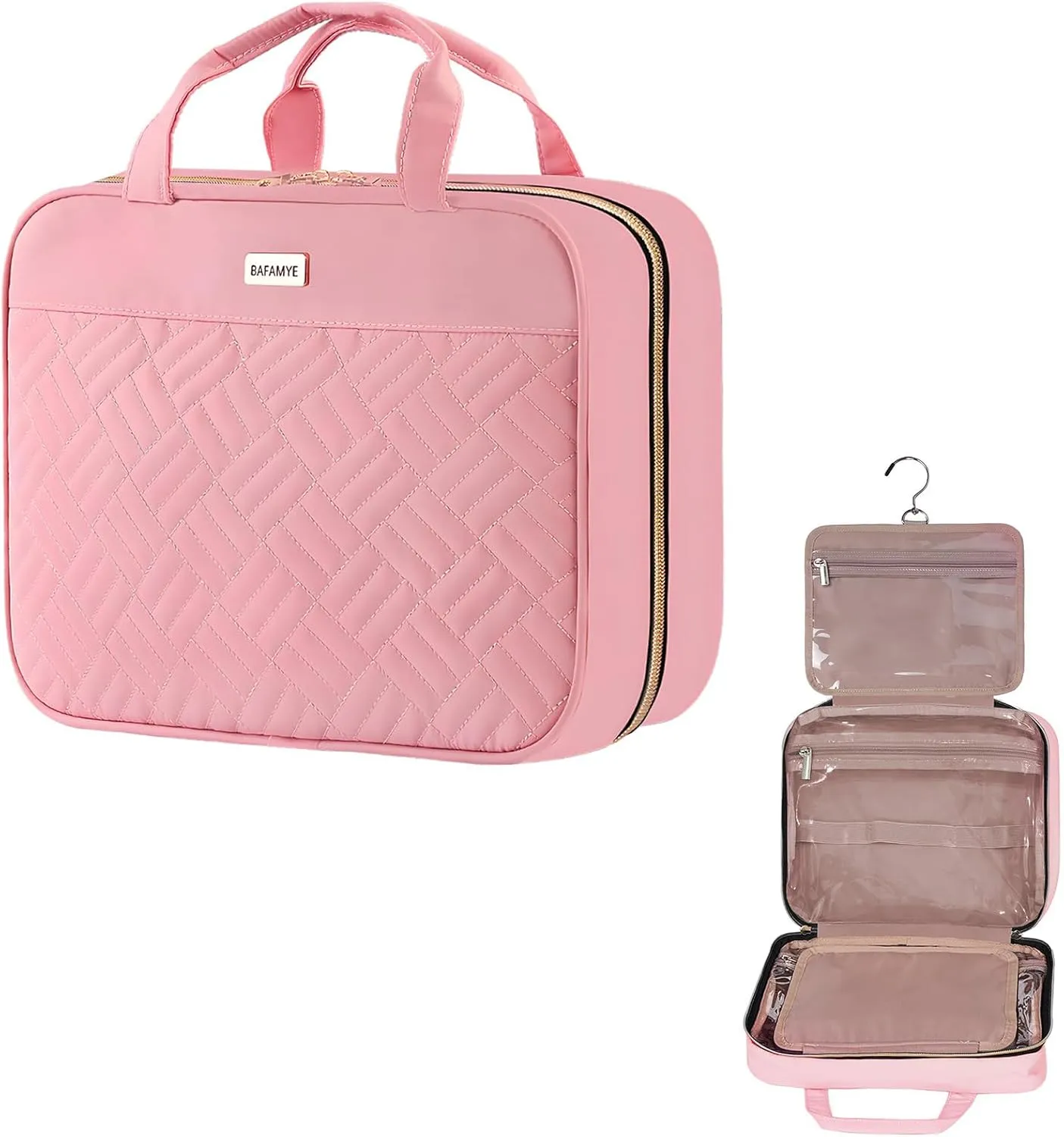 5.8L Travel Toiletry Bag for women - 2.1 GAL Water-resistant Makeup Cosmetic Bag Organizer With Hanging Hook for Travel Accessories Shampoo Full-size Container, Pink