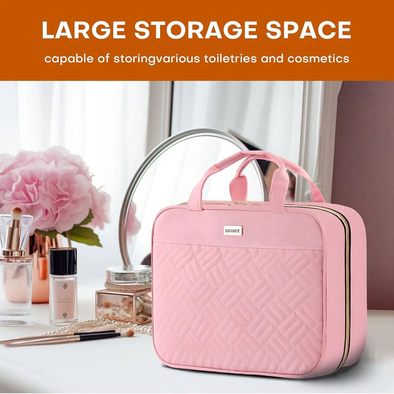 5.8L Travel Toiletry Bag for women - 2.1 GAL Water-resistant Makeup Cosmetic Bag Organizer With Hanging Hook for Travel Accessories Shampoo Full-size Container, Pink