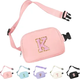 Belt Bag for Women Fanny Pack, Chenille Initial Fashion Crossbody Waist Pack with Adjustable Strap, Waterproof Fanny Belt Bag for Purse Travel Outdoors Running Hiking(Pink K)