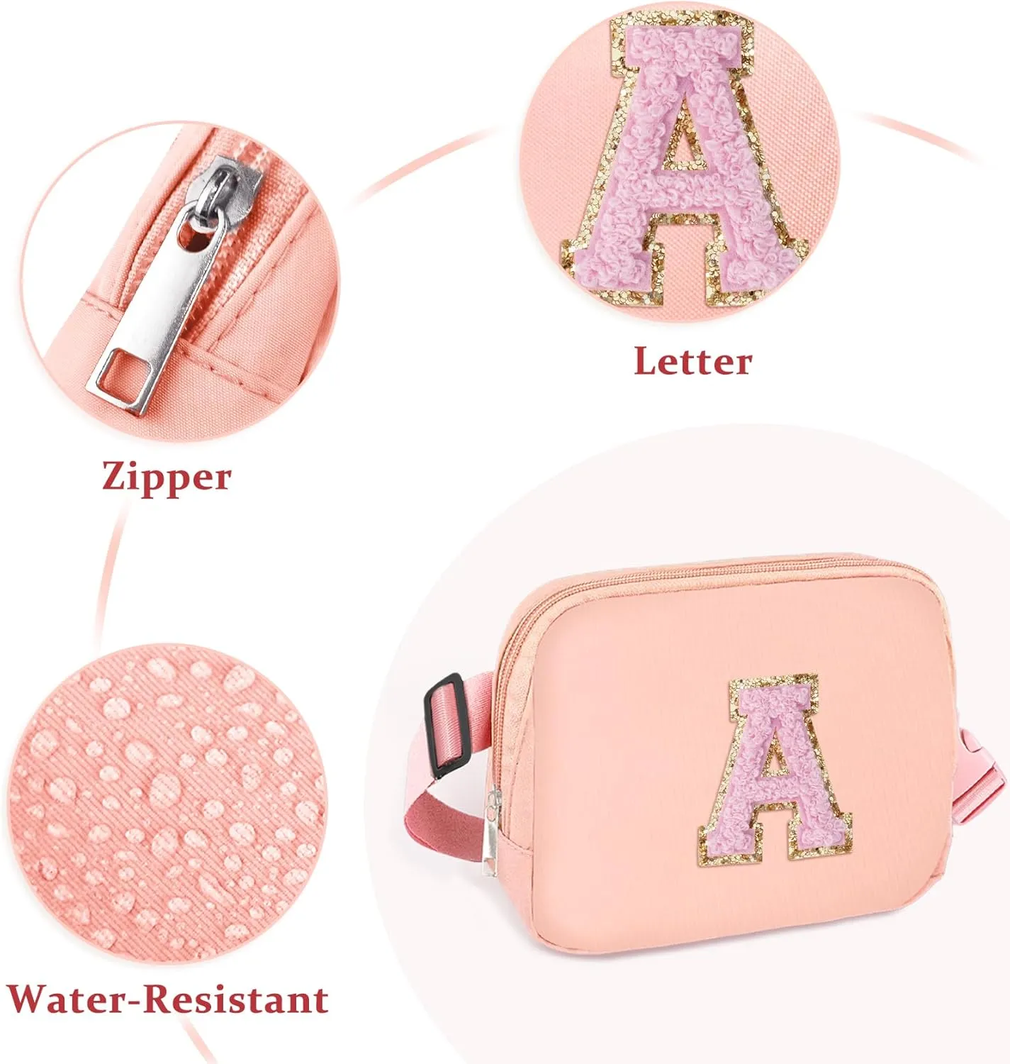 Belt Bag for Women Fanny Pack, Chenille Initial Fashion Crossbody Waist Pack with Adjustable Strap, Waterproof Fanny Belt Bag for Purse Travel Outdoors Running Hiking(Pink K)