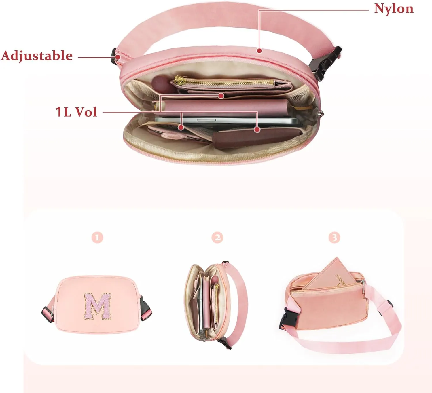 Belt Bag for Women Fanny Pack, Chenille Initial Fashion Crossbody Waist Pack with Adjustable Strap, Waterproof Fanny Belt Bag for Purse Travel Outdoors Running Hiking(Pink K)