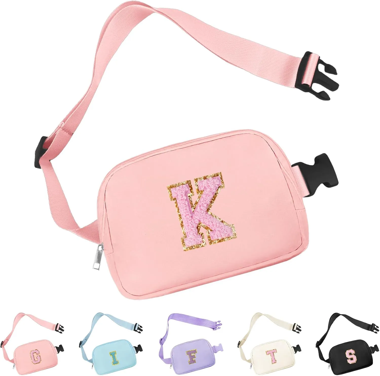 Belt Bag for Women Fanny Pack, Chenille Initial Fashion Crossbody Waist Pack with Adjustable Strap, Waterproof Fanny Belt Bag for Purse Travel Outdoors Running Hiking(Pink K)