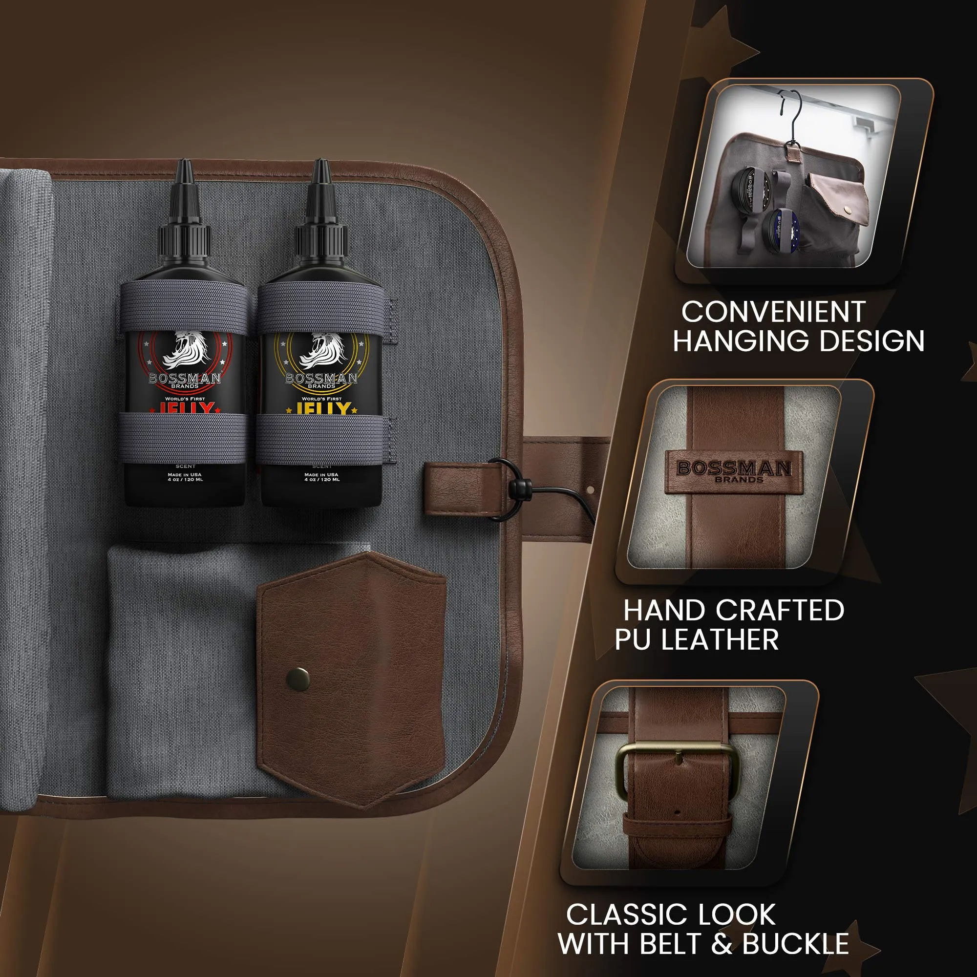 Bossman Leather Toiletry Bag for Men - Hand Crafted - Metal Hanger - 3 Storage Pockets - Water Resistant Toiletry Organizer