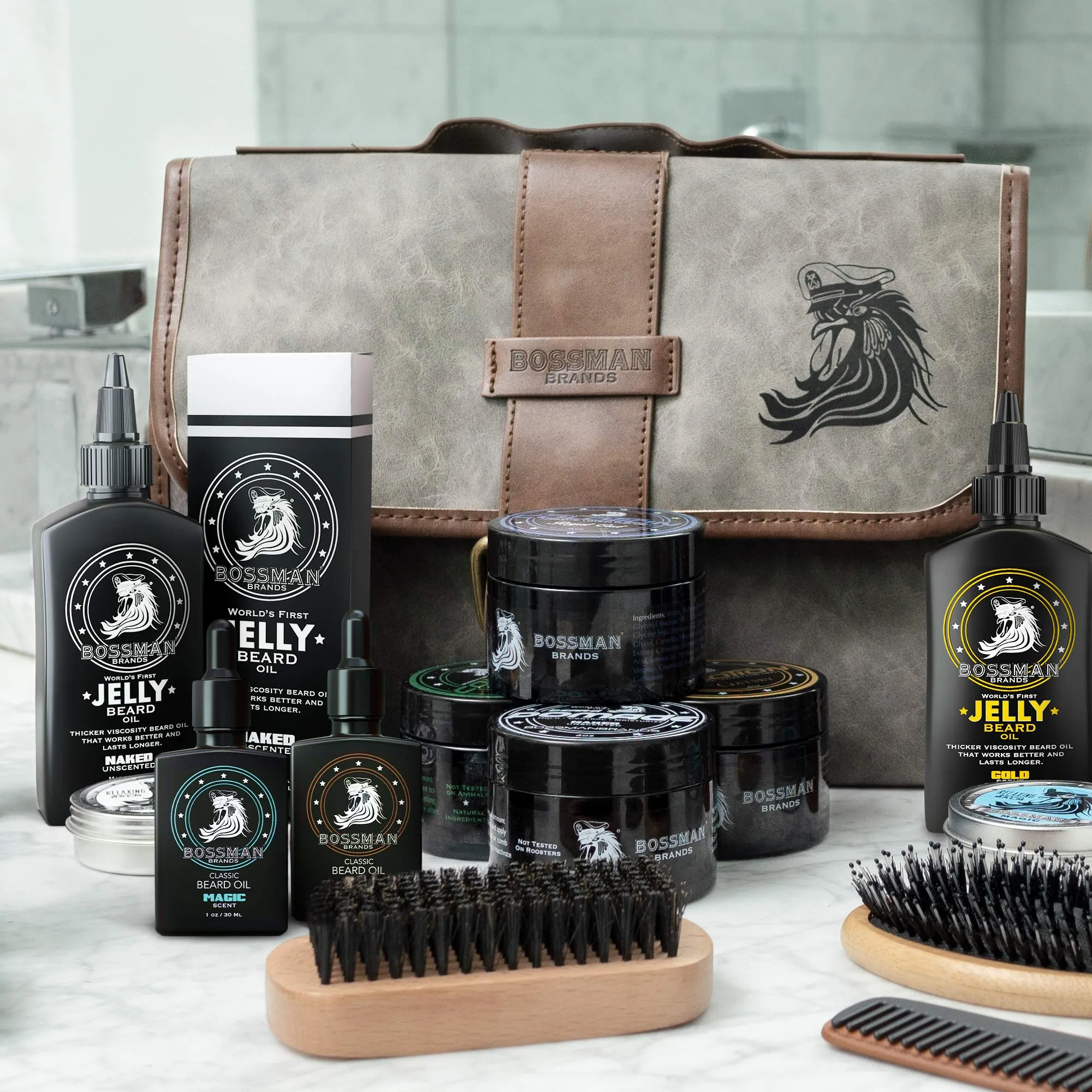 Bossman Leather Toiletry Bag for Men - Hand Crafted - Metal Hanger - 3 Storage Pockets - Water Resistant Toiletry Organizer