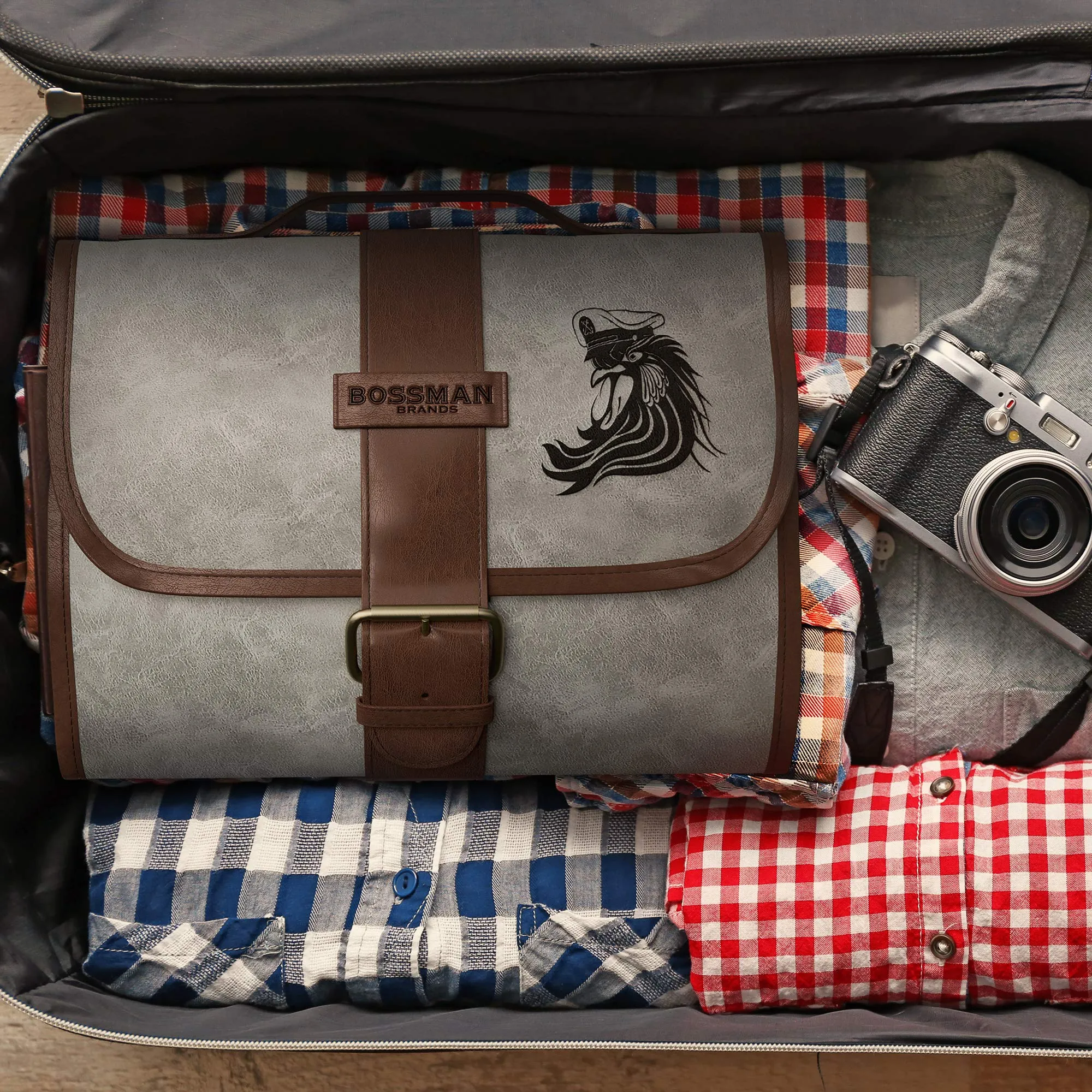 Bossman Leather Toiletry Bag for Men - Hand Crafted - Metal Hanger - 3 Storage Pockets - Water Resistant Toiletry Organizer