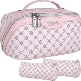 BOYATU Travel Makeup Bag Cosmetic Bags for Women: Large Make up Bags Set of 3 - Portable Makeup Organizer with Compartments&Handle&Divider - Waterproof PU Leather Toiletry Bag(01-Pink)
