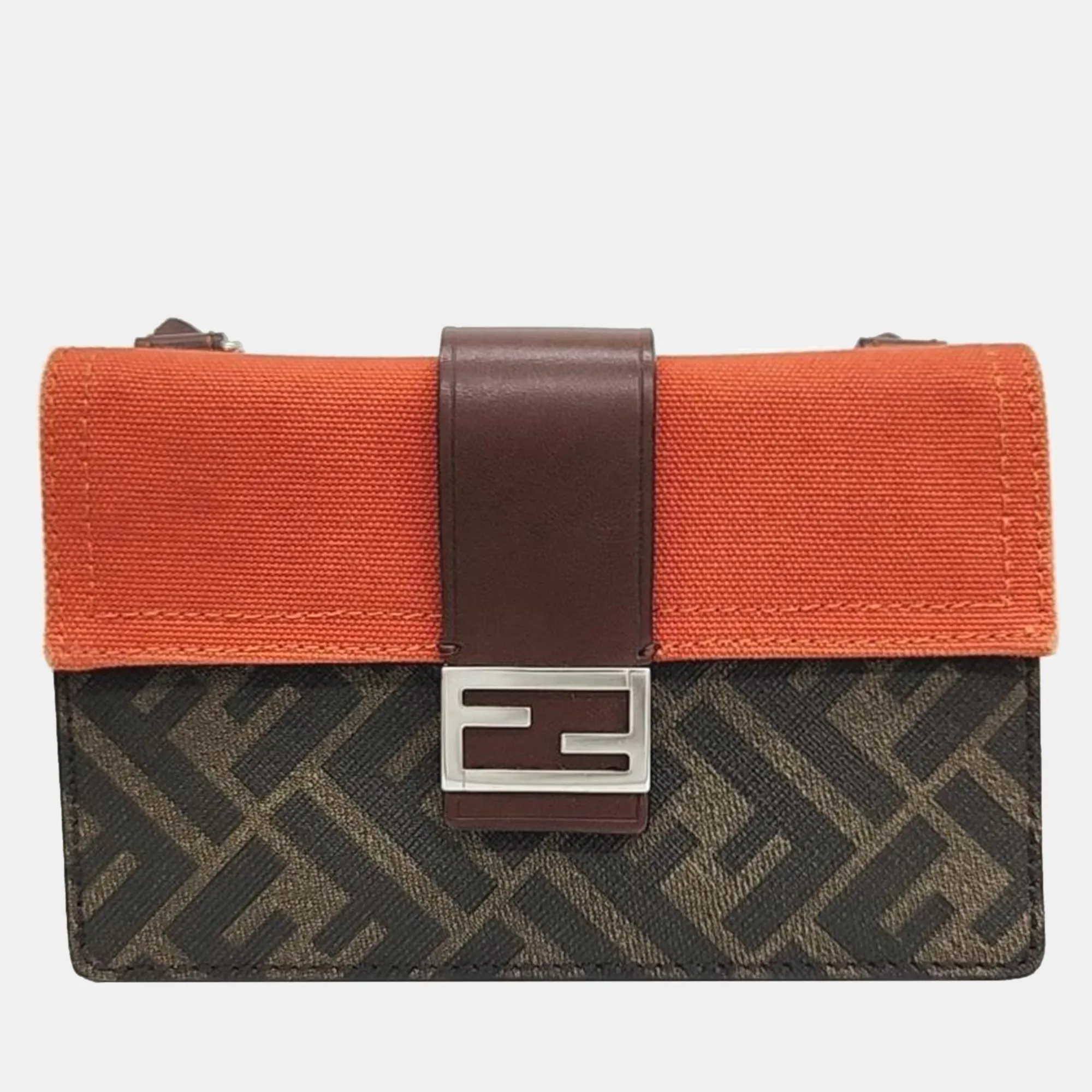 Brown Coated Canvas Baguette Handbag