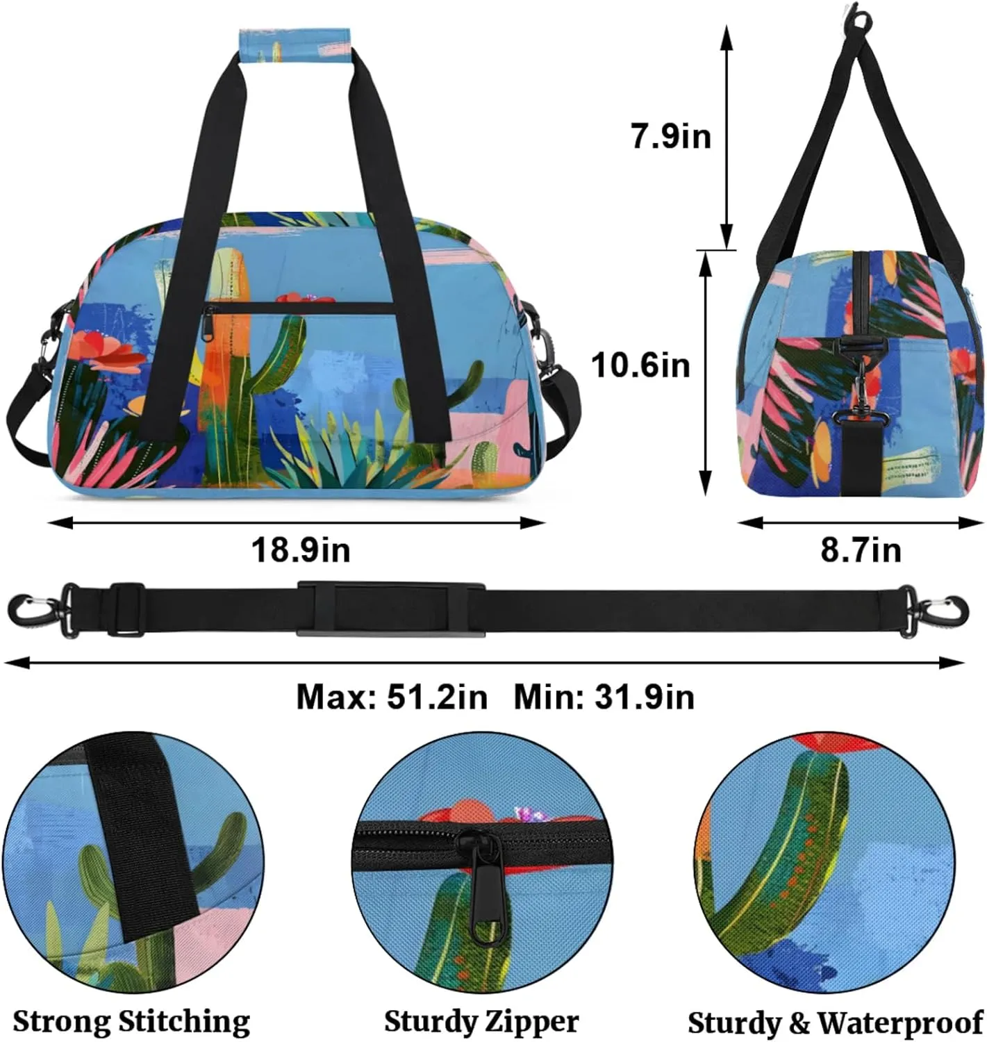 Cactus Flowers Gym Bag for Women Men, Sports Travel Duffel Bag Lightweight Workout Bag Carry On Overnight Weekender Bag