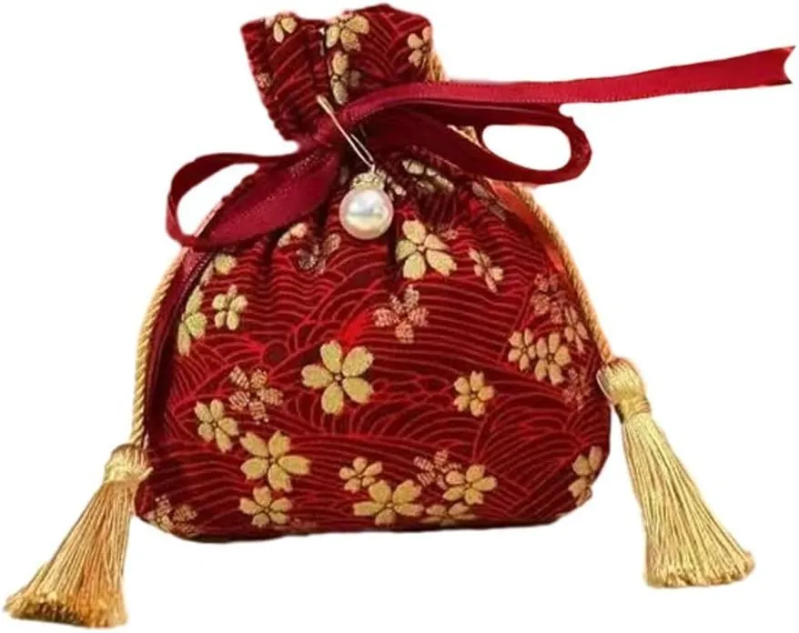 Canvas Flower Drawstring Bag Bowknot Floral Tassel Handbag Pearl Pendant Festive Sugar Bag Packing Bag Wedding Candy Bag(B)