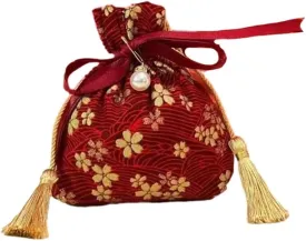 Canvas Flower Drawstring Bag Bowknot Floral Tassel Handbag Pearl Pendant Festive Sugar Bag Packing Bag Wedding Candy Bag(B)
