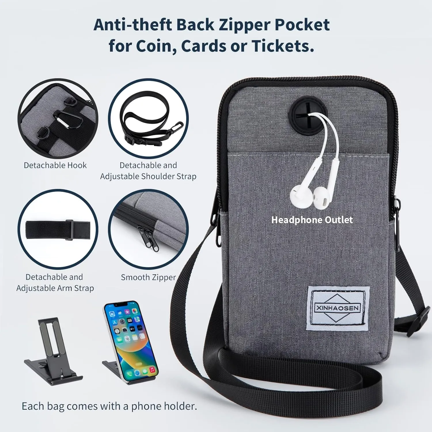 Cell Phone Purse Waist Pack Bag Travel Crossbody Bag Wristband Sport Armband Wallet with Removable Shoulder Strap (Navy Blue)