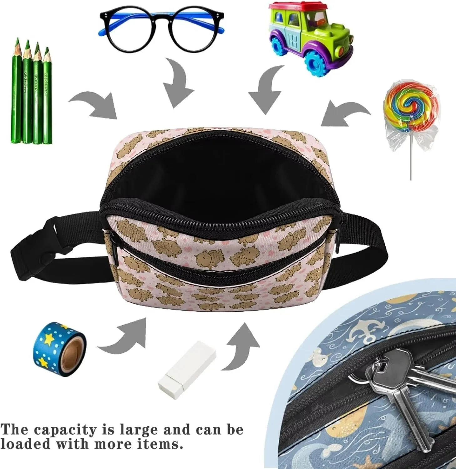 Cozeyat Capybara Kids Waist Fanny Pack for Toddler Girls Small Crossbody Purse Waist Pouch Belt Bag for Running Hiking Cycling