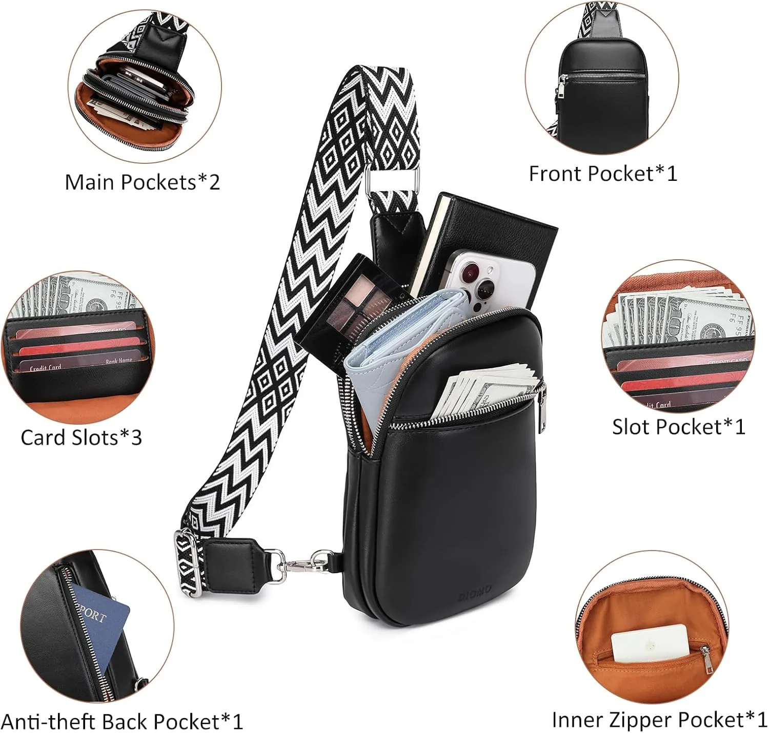 DIOMO Anti Theft Small Sling Bag for Women Cross Body Bag Trendy, RFID Fanny Packs Vegan Leather for Women Travel Belt Purse