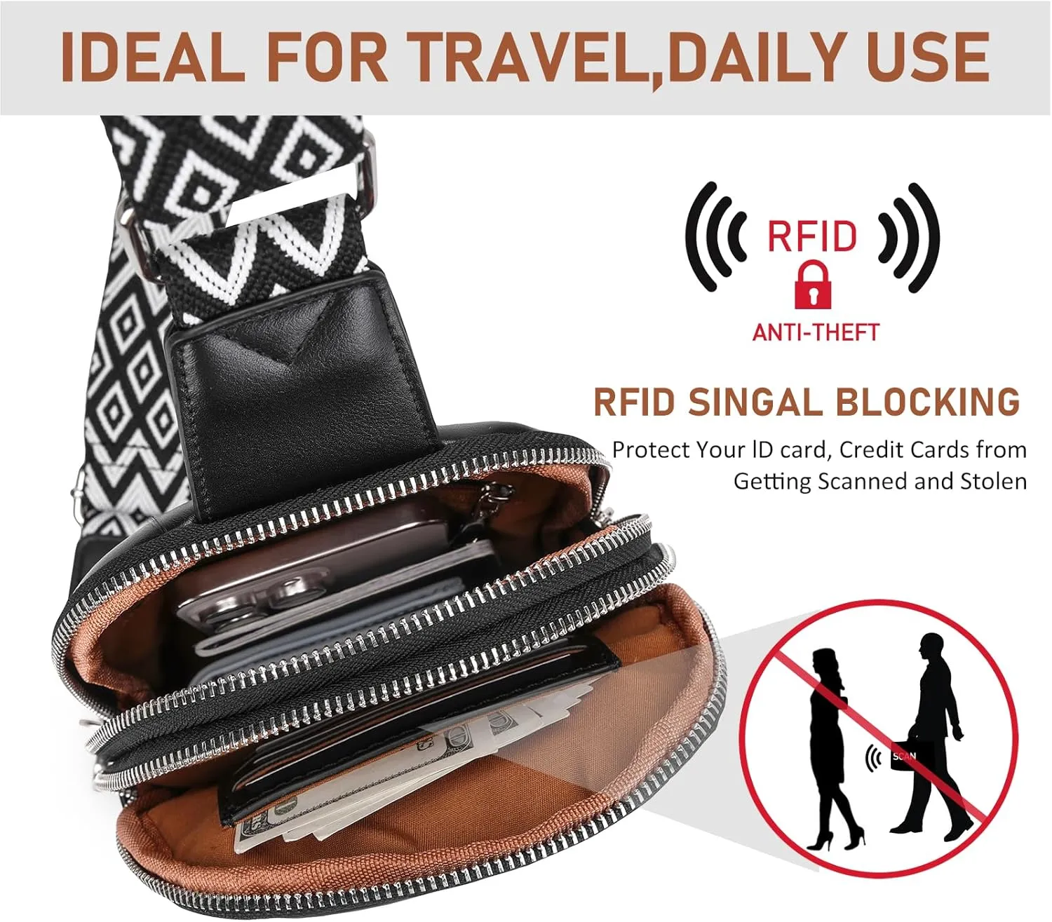 DIOMO Anti Theft Small Sling Bag for Women Cross Body Bag Trendy, RFID Fanny Packs Vegan Leather for Women Travel Belt Purse