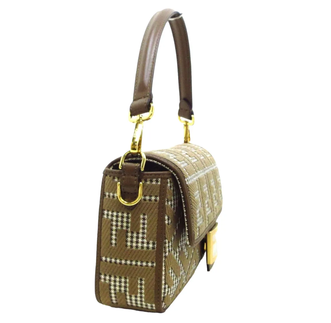 FENDI Baguette Brown houndstooth wool bag with FF embroidery