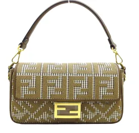 FENDI Baguette Brown houndstooth wool bag with FF embroidery