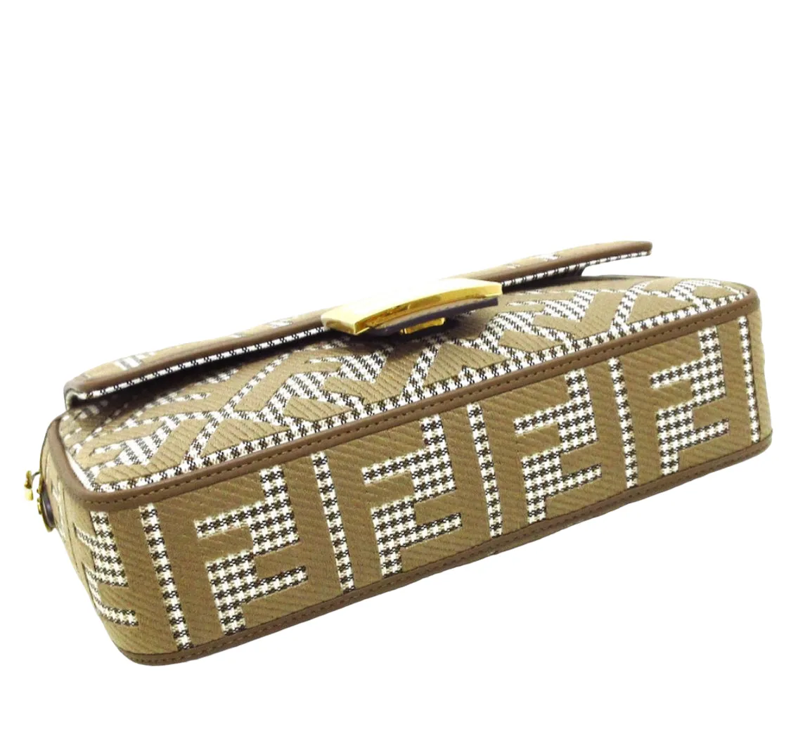 FENDI Baguette Brown houndstooth wool bag with FF embroidery