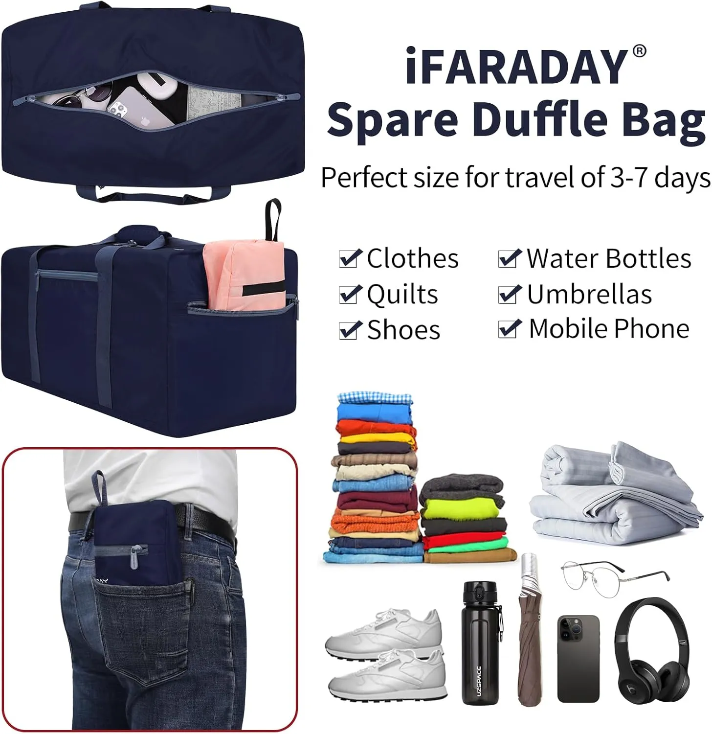 Foldable Duffel Bag 35L Small Luggage Bag Lightweight for Travel Gym Sport-Navy
