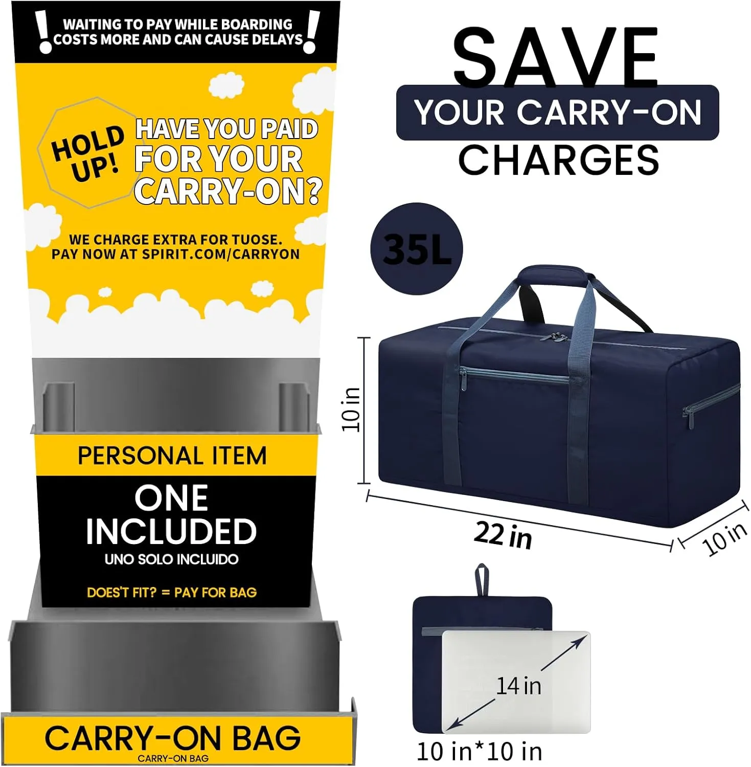 Foldable Duffel Bag 35L Small Luggage Bag Lightweight for Travel Gym Sport-Navy
