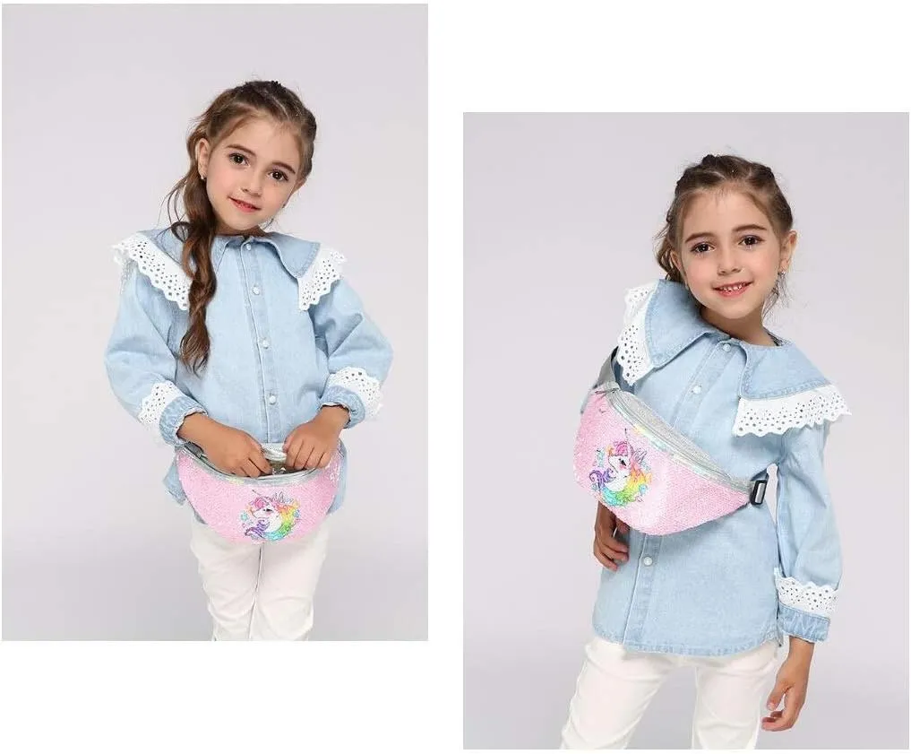 Girls Fanny Pack, Kids Unicorn Waist Bag, Crossbody Belt Bag, Cute Kids Travel Waist Bag (Sequin - Pink)
