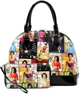 Glossy magazine cover collage dome satchel bag purses bowling bag Michelle Obama bags with wallet set 2 in 1 (MULTI/BK)