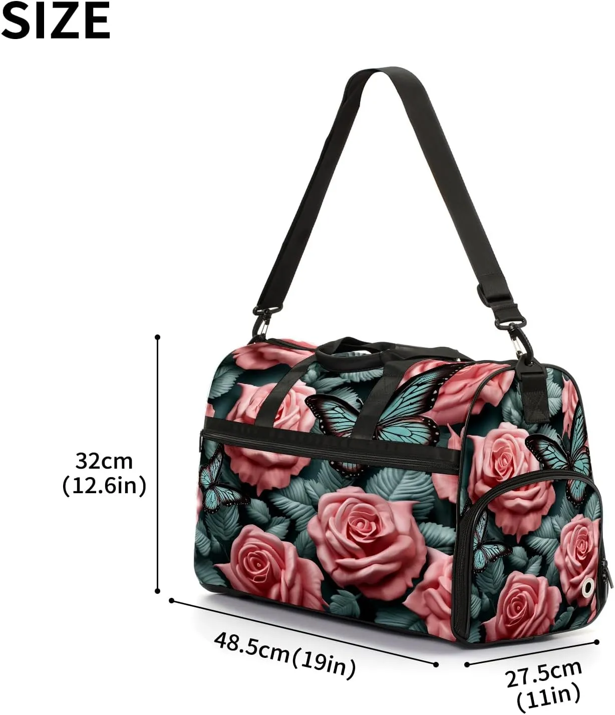 Gym Bag for Women, Carry on Weekender Overnight Bag, Travel Duffel Bags, Personal Item Travel Bag Tote Bag Workout Dance Bag, Butterfly Rose Flower - 4