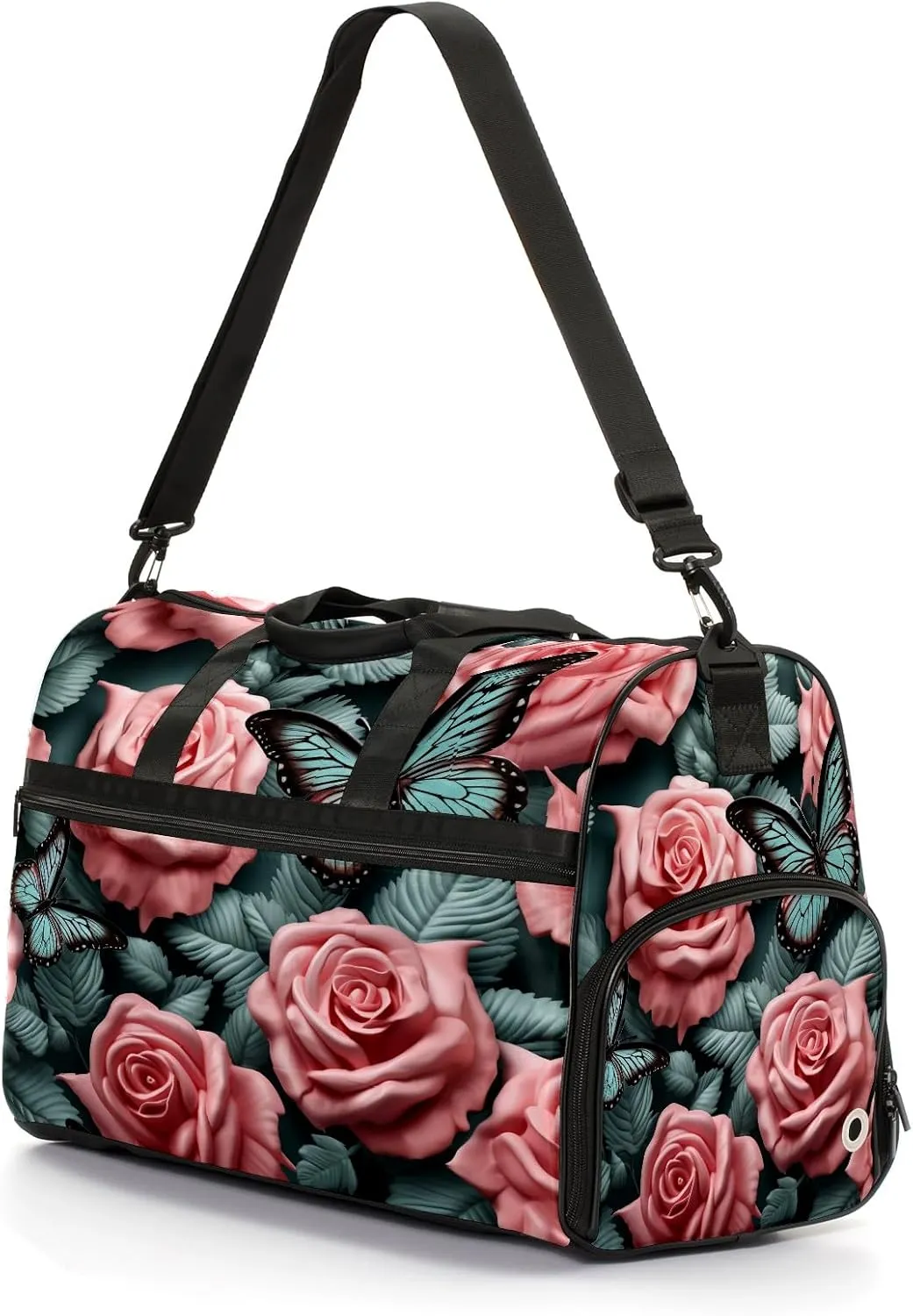 Gym Bag for Women, Carry on Weekender Overnight Bag, Travel Duffel Bags, Personal Item Travel Bag Tote Bag Workout Dance Bag, Butterfly Rose Flower - 4