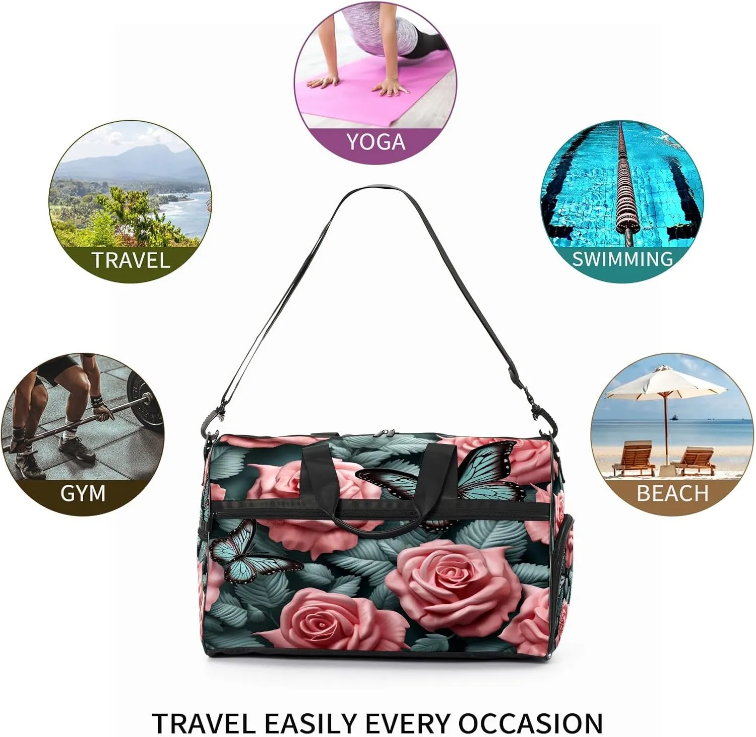 Gym Bag for Women, Carry on Weekender Overnight Bag, Travel Duffel Bags, Personal Item Travel Bag Tote Bag Workout Dance Bag, Butterfly Rose Flower - 4