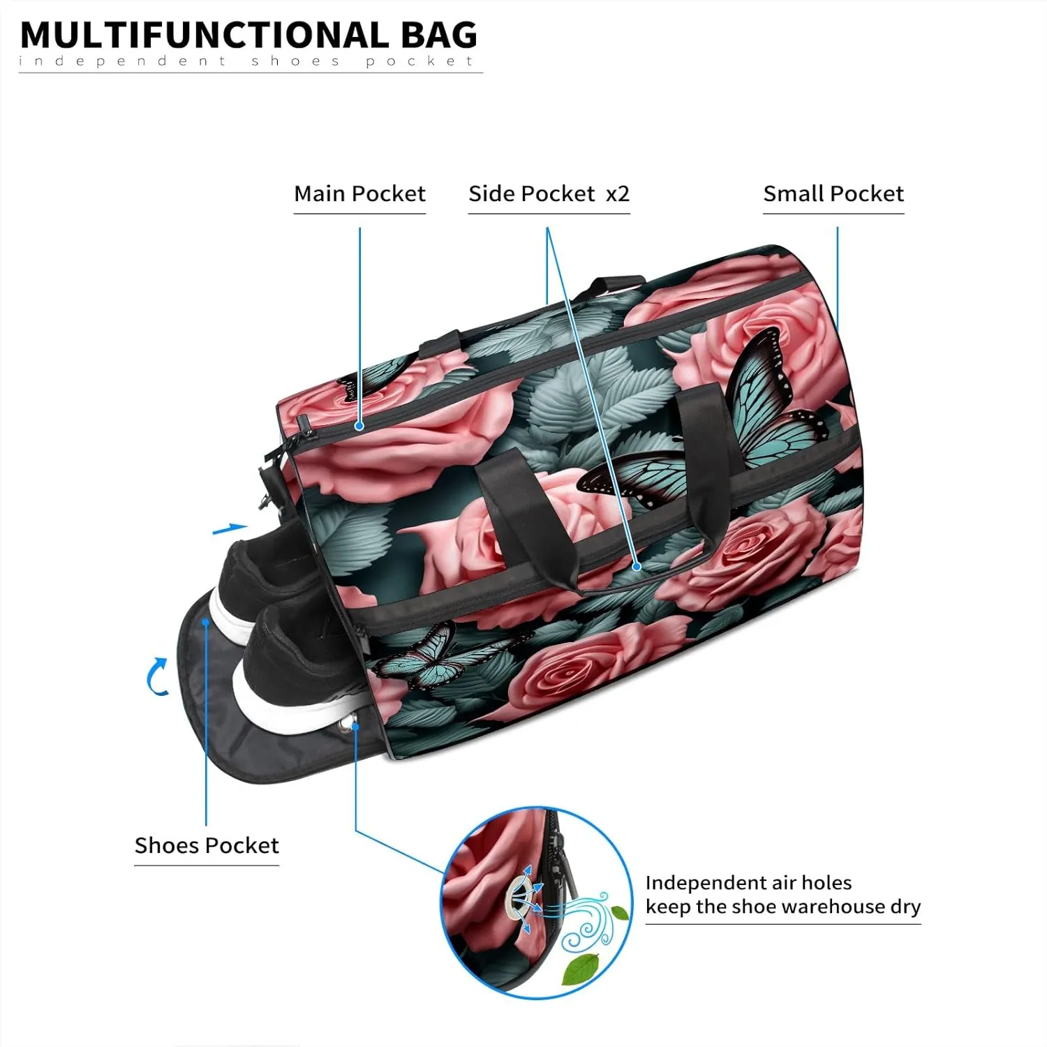 Gym Bag for Women, Carry on Weekender Overnight Bag, Travel Duffel Bags, Personal Item Travel Bag Tote Bag Workout Dance Bag, Butterfly Rose Flower - 4