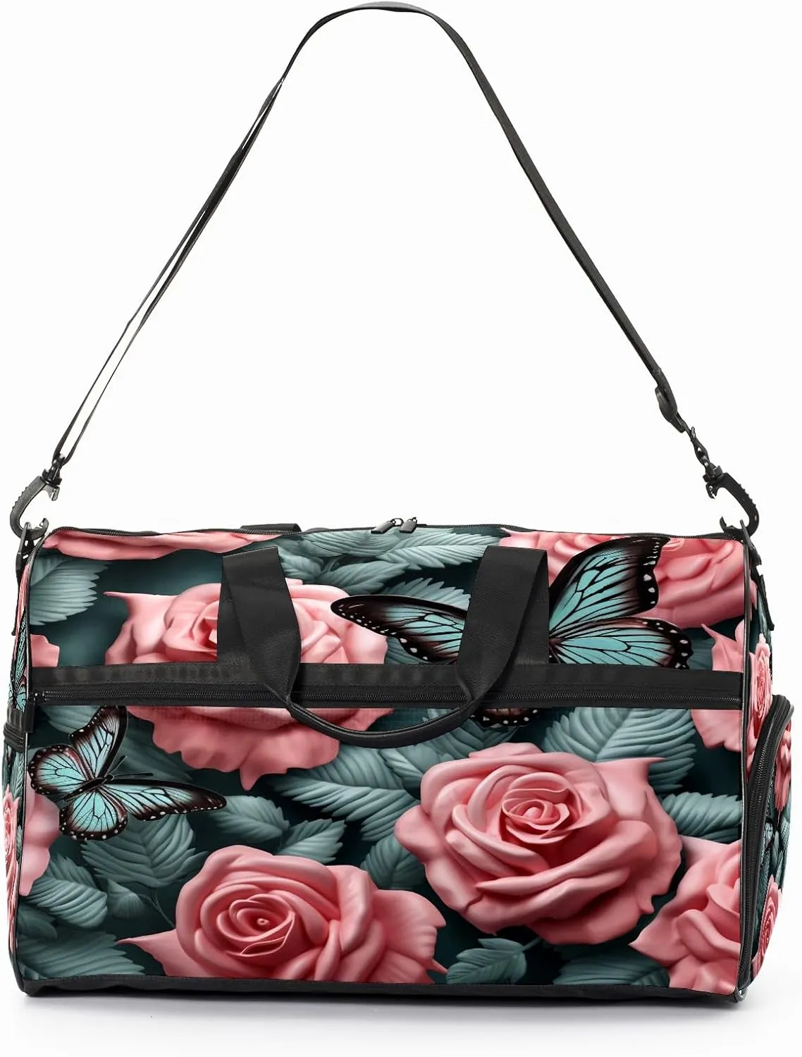 Gym Bag for Women, Carry on Weekender Overnight Bag, Travel Duffel Bags, Personal Item Travel Bag Tote Bag Workout Dance Bag, Butterfly Rose Flower - 4