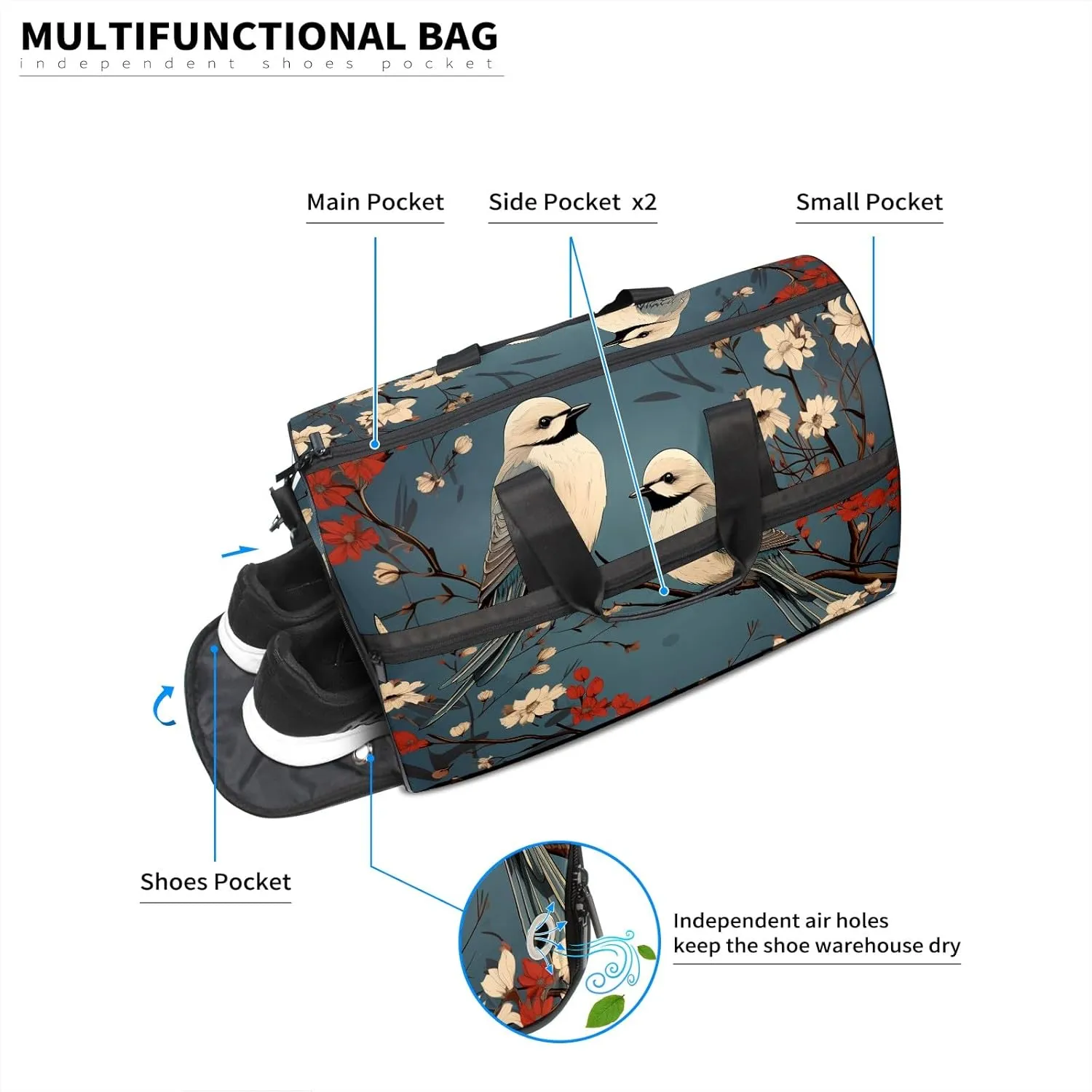 Gym Bag for Women, Carry on Weekender Overnight Bag, Travel Duffel Bags, Personal Item Travel Bag Tote Bag Workout Dance Bag, Chinese Painting Bird - 12