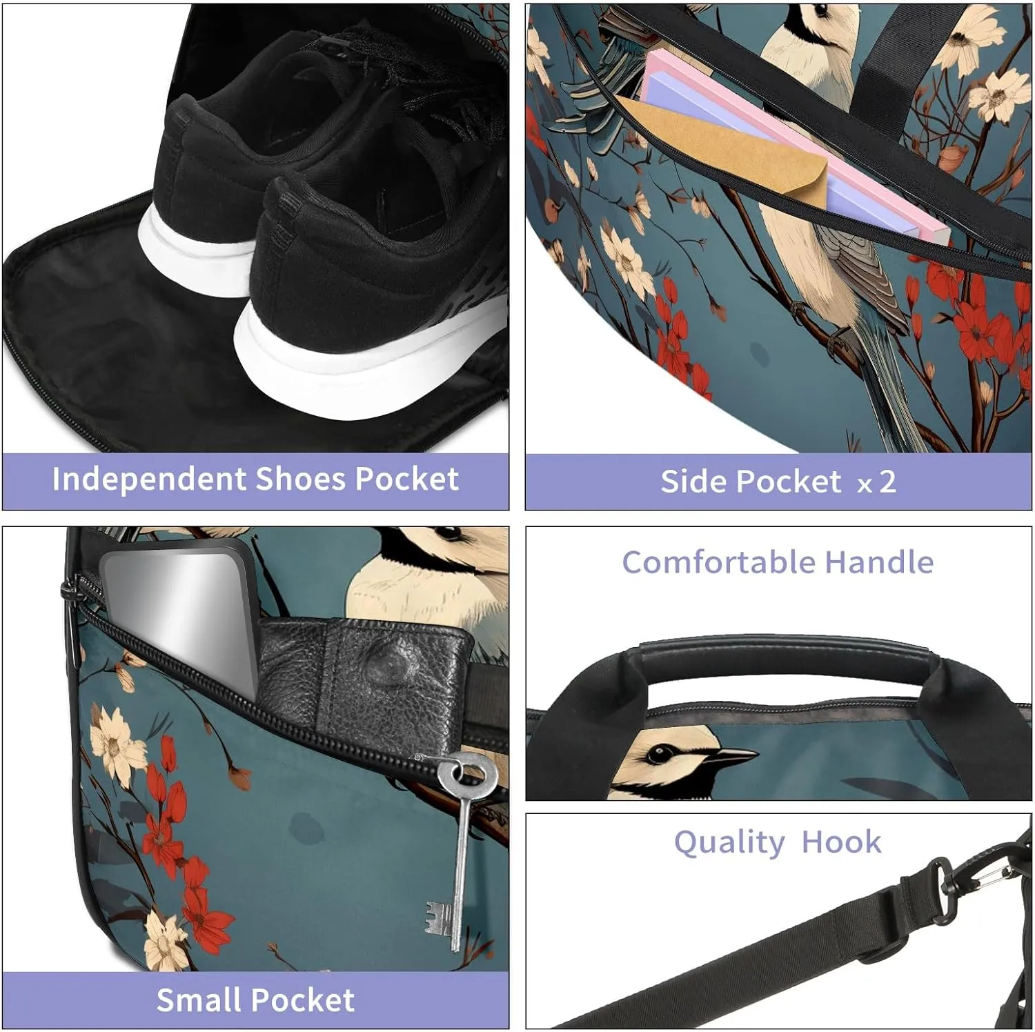 Gym Bag for Women, Carry on Weekender Overnight Bag, Travel Duffel Bags, Personal Item Travel Bag Tote Bag Workout Dance Bag, Chinese Painting Bird - 12