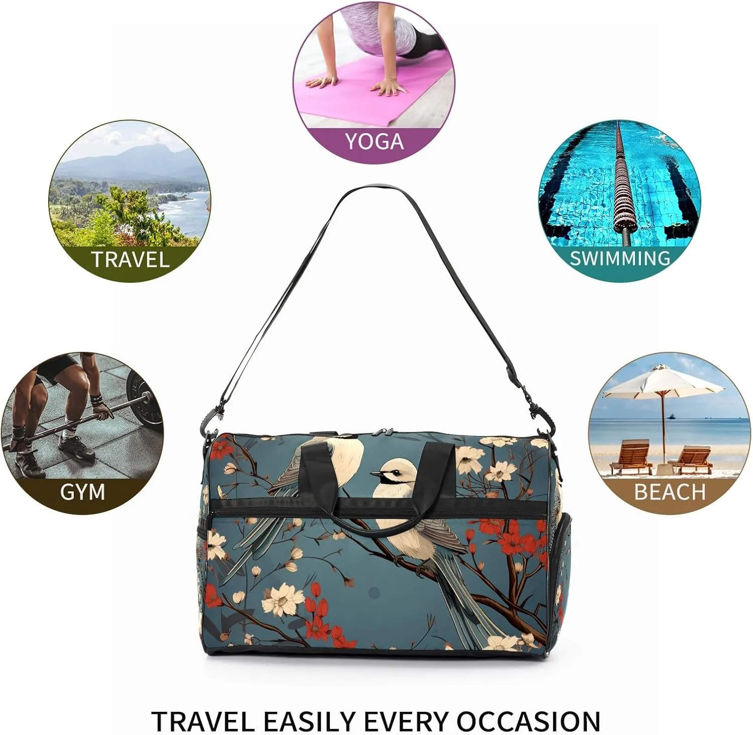 Gym Bag for Women, Carry on Weekender Overnight Bag, Travel Duffel Bags, Personal Item Travel Bag Tote Bag Workout Dance Bag, Chinese Painting Bird - 12