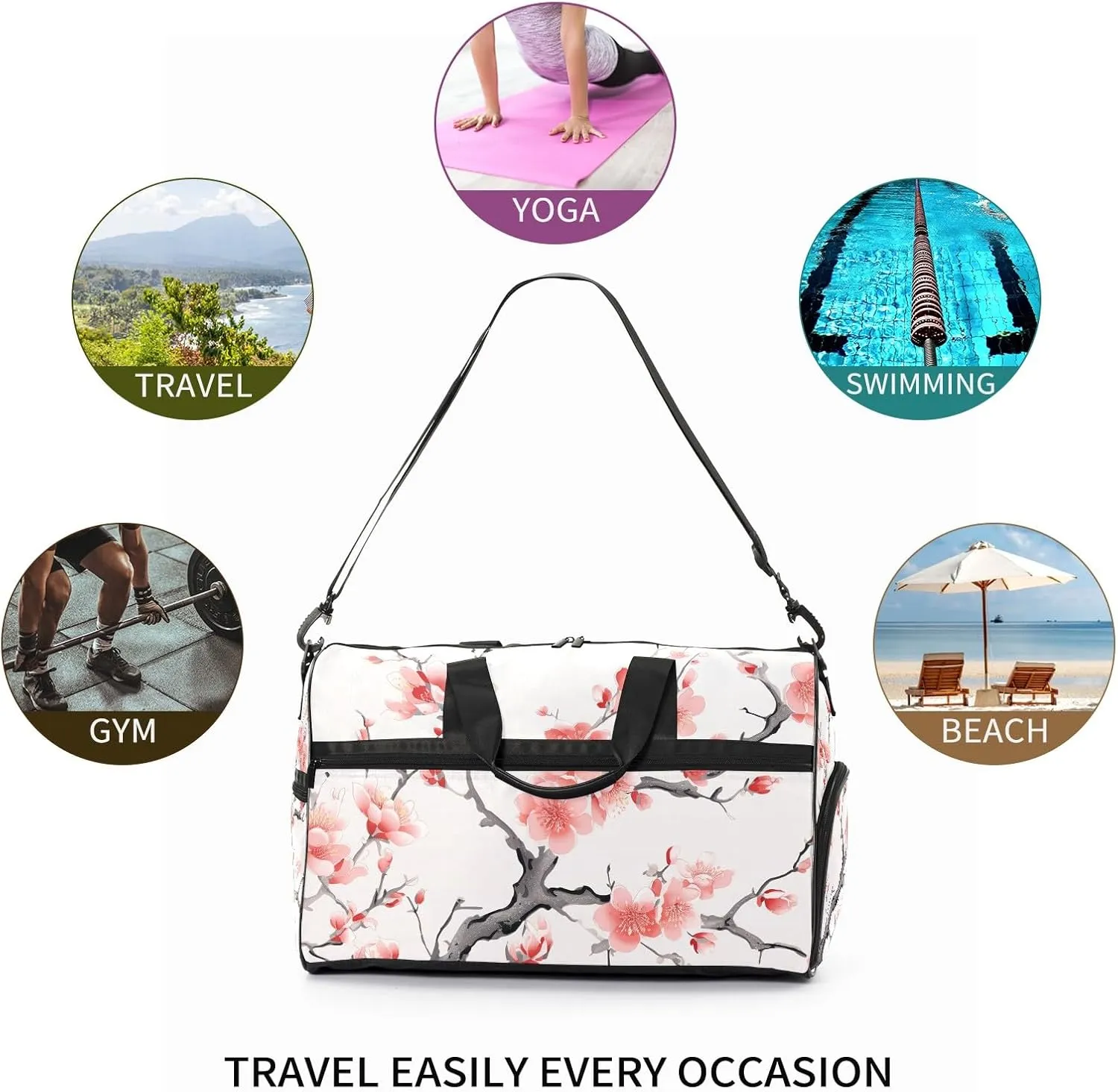 Gym Bag for Women Men, Yoga Bag with Shoe Pocket, Travel Duffel Tote Bag for Plane, Workout, Swimming, Weekend Overnight Bag Carry on Bag Hospital Holdalls, Chinese Painting Peach Blossom - 2