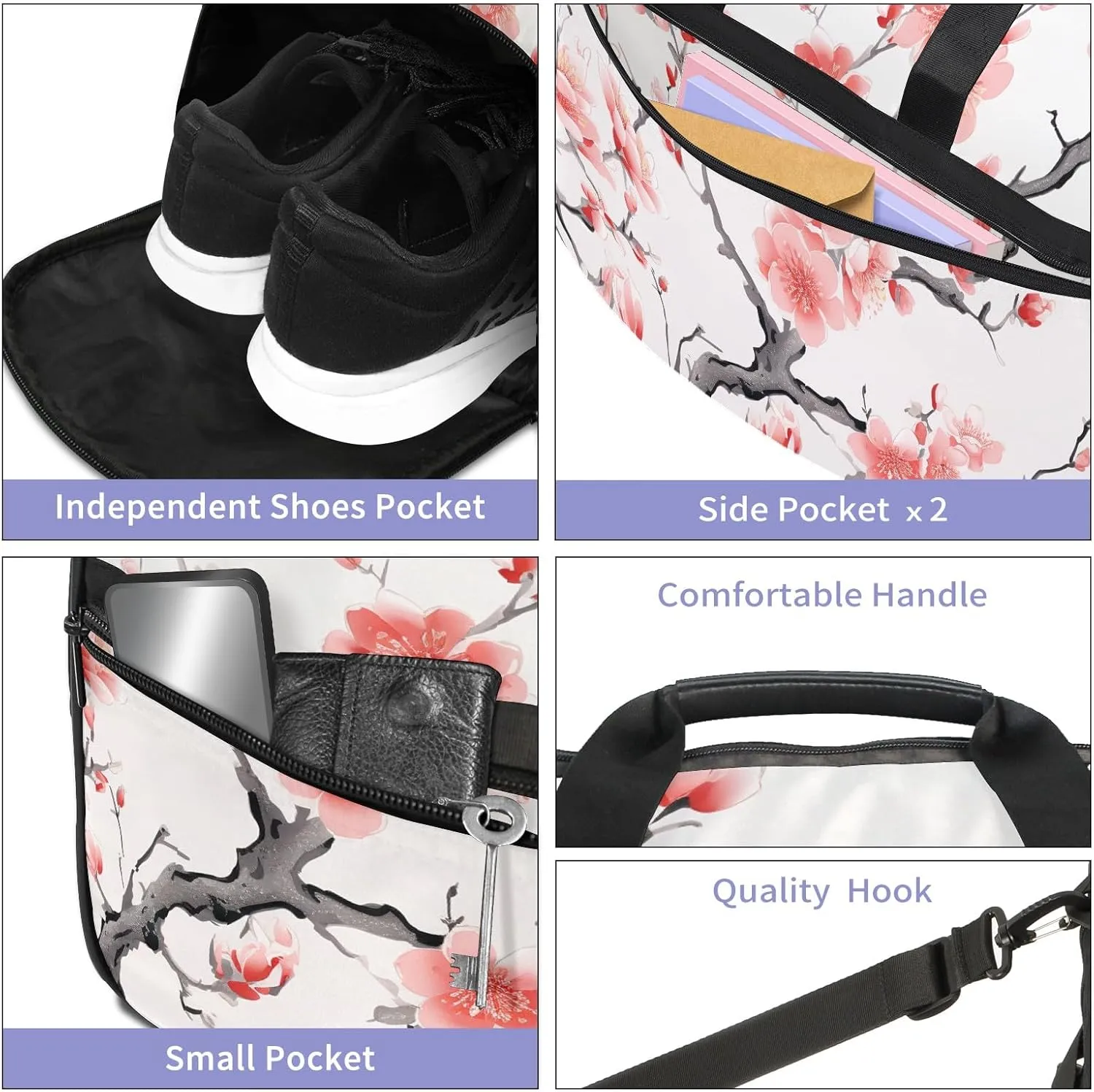 Gym Bag for Women Men, Yoga Bag with Shoe Pocket, Travel Duffel Tote Bag for Plane, Workout, Swimming, Weekend Overnight Bag Carry on Bag Hospital Holdalls, Chinese Painting Peach Blossom - 2