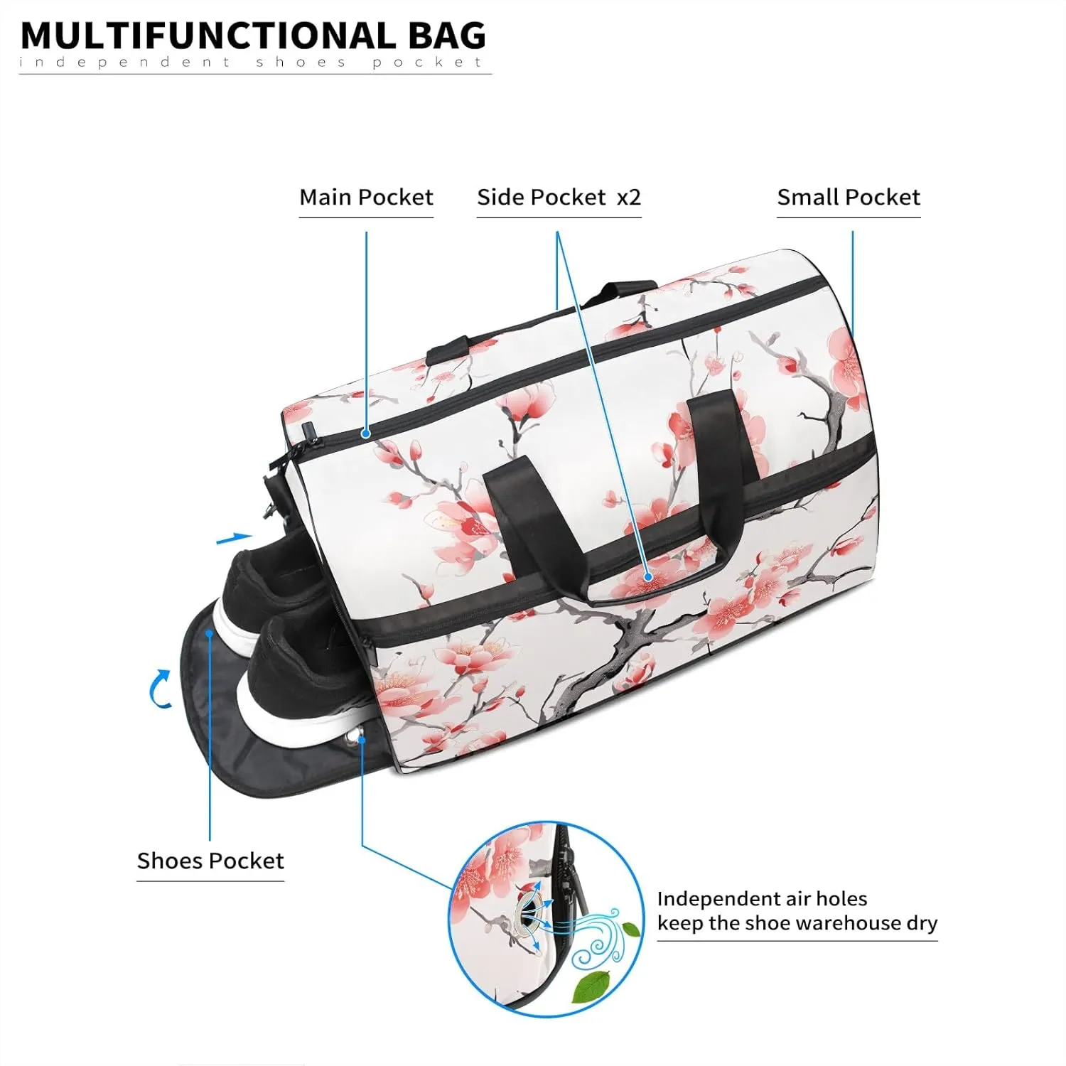 Gym Bag for Women Men, Yoga Bag with Shoe Pocket, Travel Duffel Tote Bag for Plane, Workout, Swimming, Weekend Overnight Bag Carry on Bag Hospital Holdalls, Chinese Painting Peach Blossom - 2