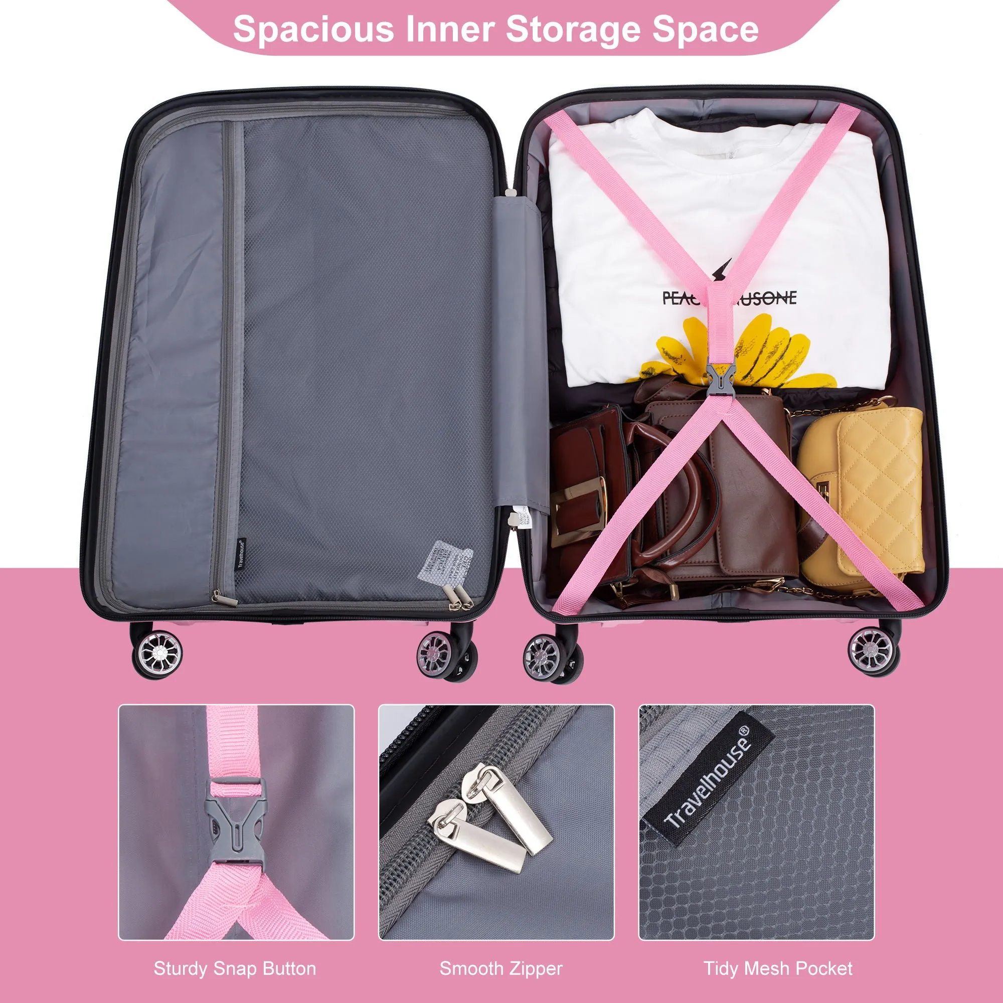 Hardshell Suitcase Double Spinner Wheels Pp Luggage Sets Lightweight Durable Suitcase With Tsa Lock, 3 Piece Set (20/24/28), Pink