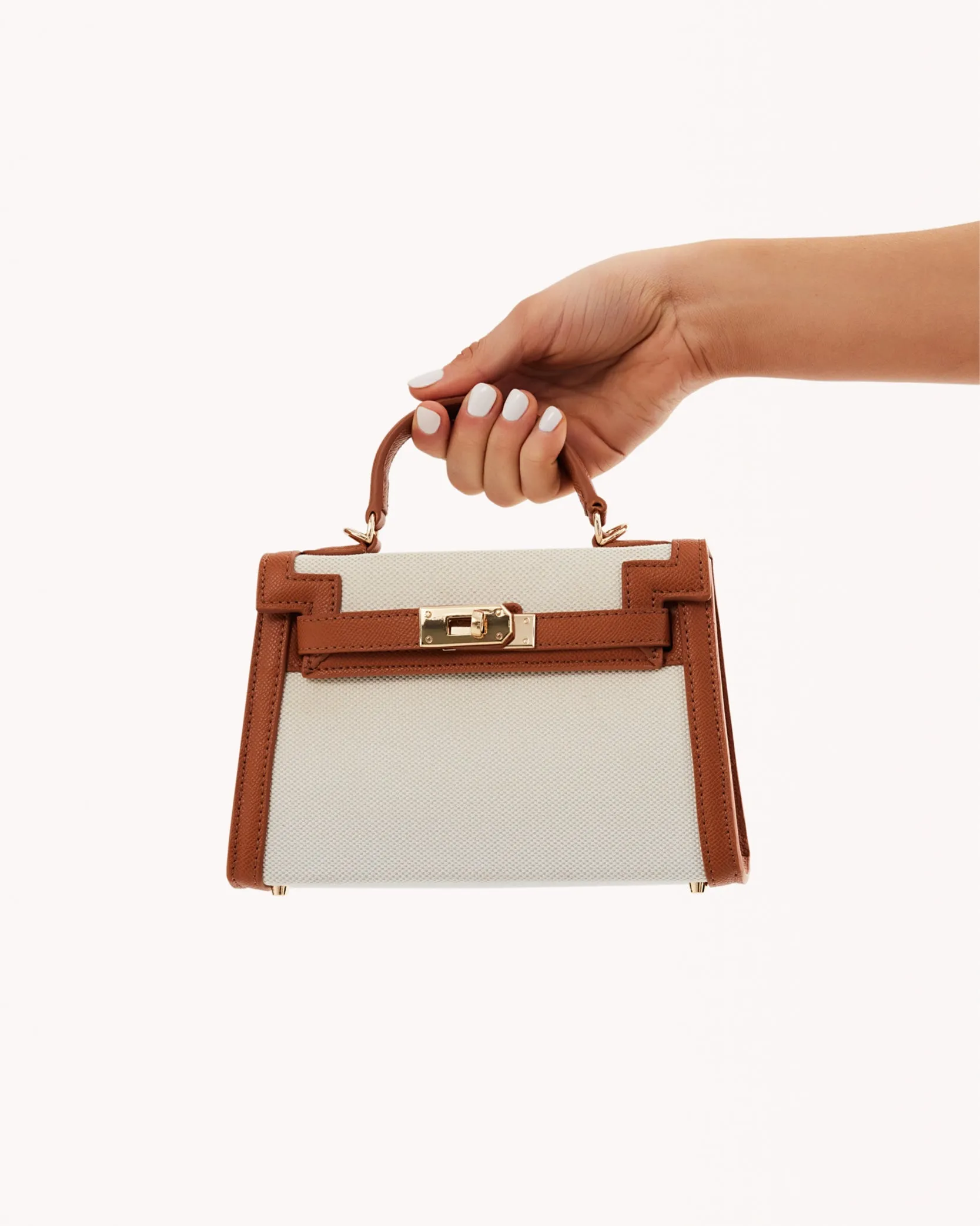 Hariette Top Handle Mini Kelly Birkin Vegan Leather Bag - Natural Linen/Tan
