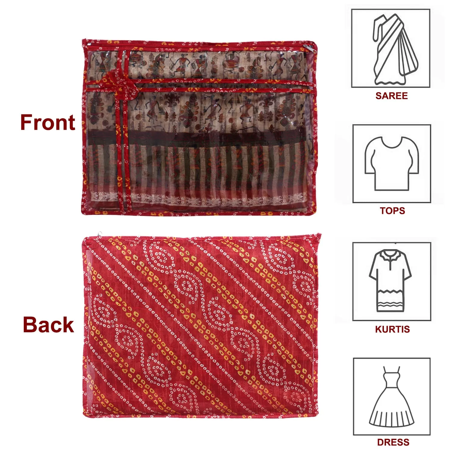 Heart Home Bandhani Print PVC Foldable Single Saree Cover|Clothes Storage For Saree, Lehenga, Suit With Transparent Pack of 12 (Multicolour)