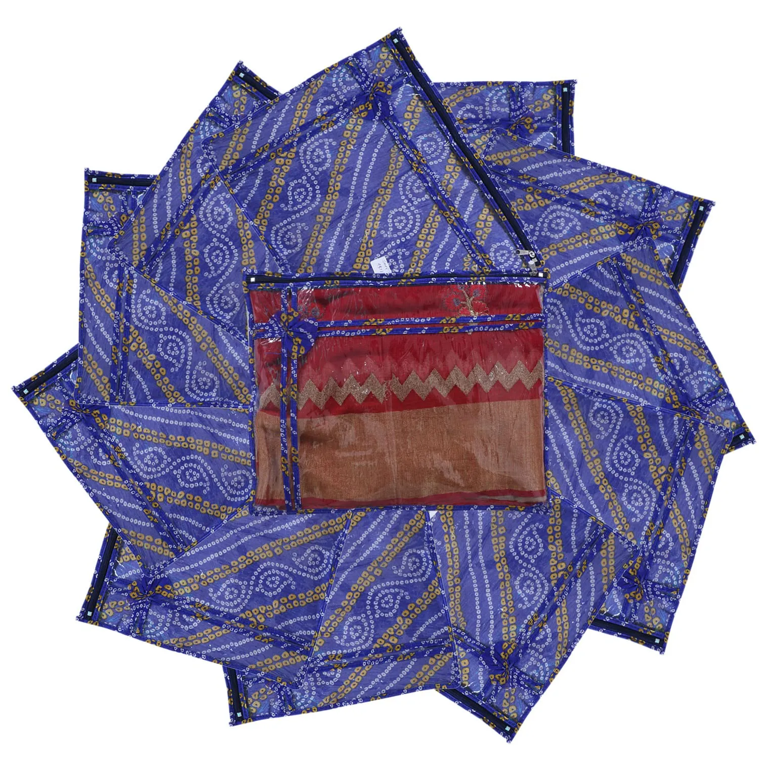 Heart Home Bandhani Print PVC Foldable Single Saree Cover|Clothes Storage For Saree, Lehenga, Suit With Transparent Pack of 3 (Blue)