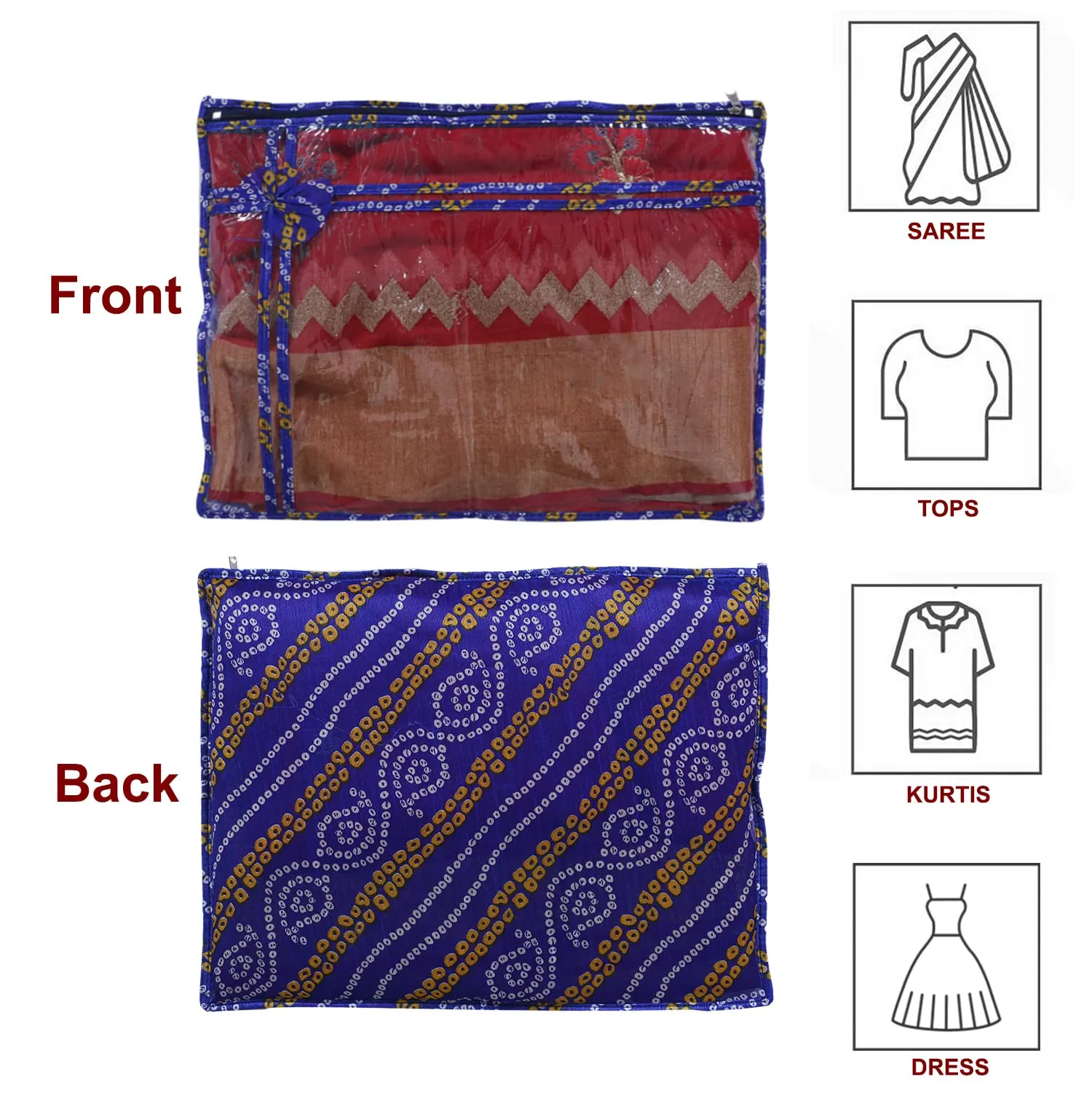 Heart Home Bandhani Print PVC Foldable Single Saree Cover|Clothes Storage For Saree, Lehenga, Suit With Transparent Pack of 3 (Blue)