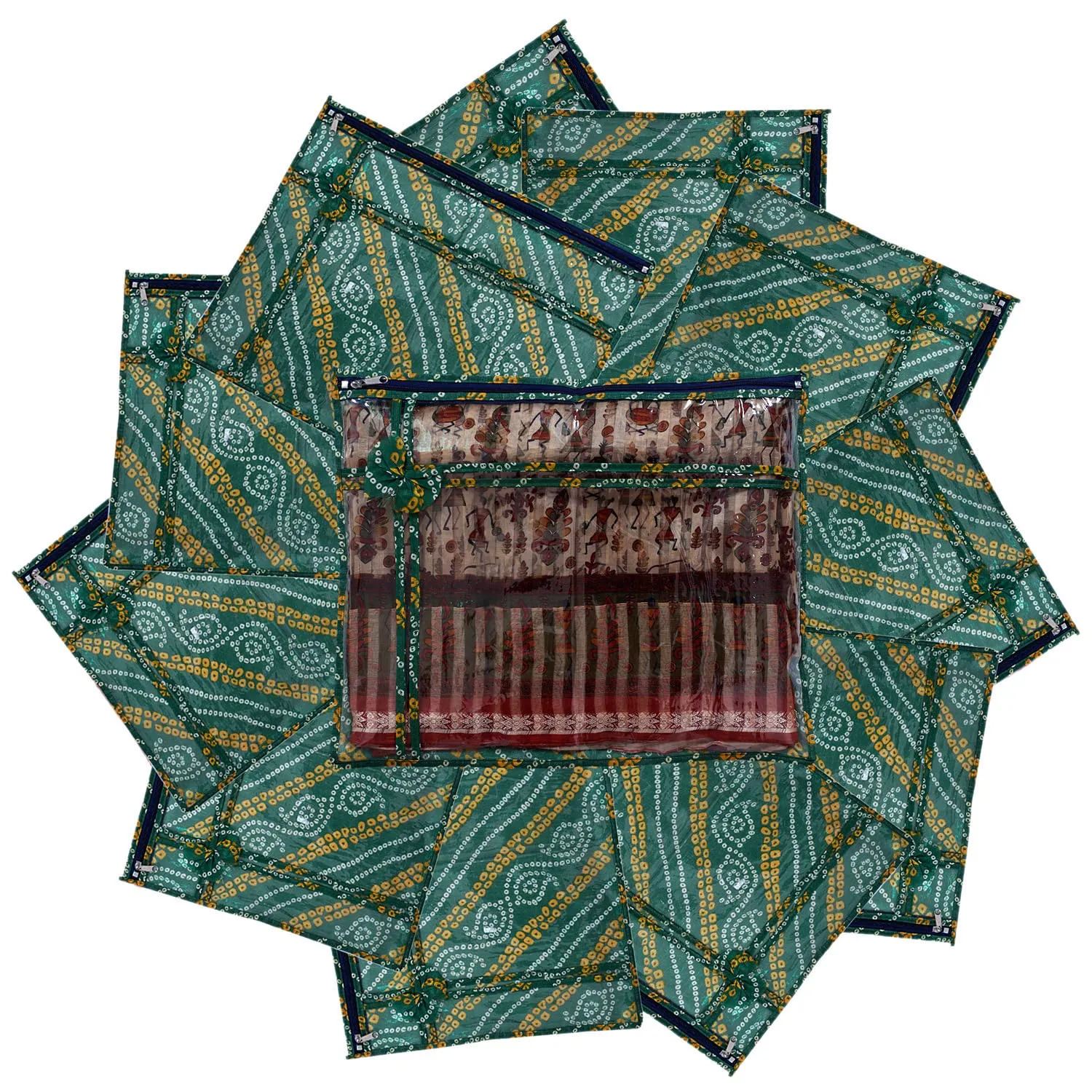 Heart Home Bandhani Print PVC Foldable Single Saree Cover|Clothes Storage For Saree, Lehenga, Suit With Transparent Pack of 3 (Green)