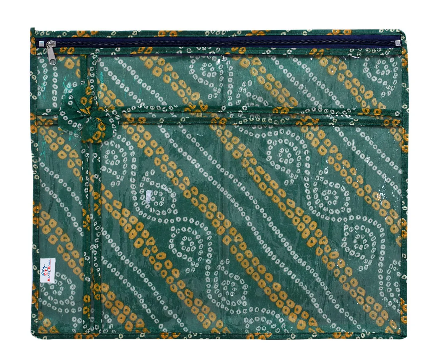 Heart Home Bandhani Print PVC Foldable Single Saree Cover|Clothes Storage For Saree, Lehenga, Suit With Transparent Pack of 3 (Green)