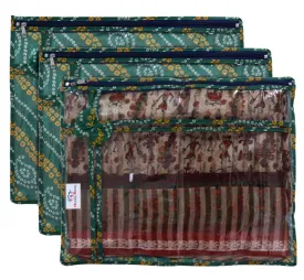 Heart Home Bandhani Print PVC Foldable Single Saree Cover|Clothes Storage For Saree, Lehenga, Suit With Transparent Pack of 3 (Green)