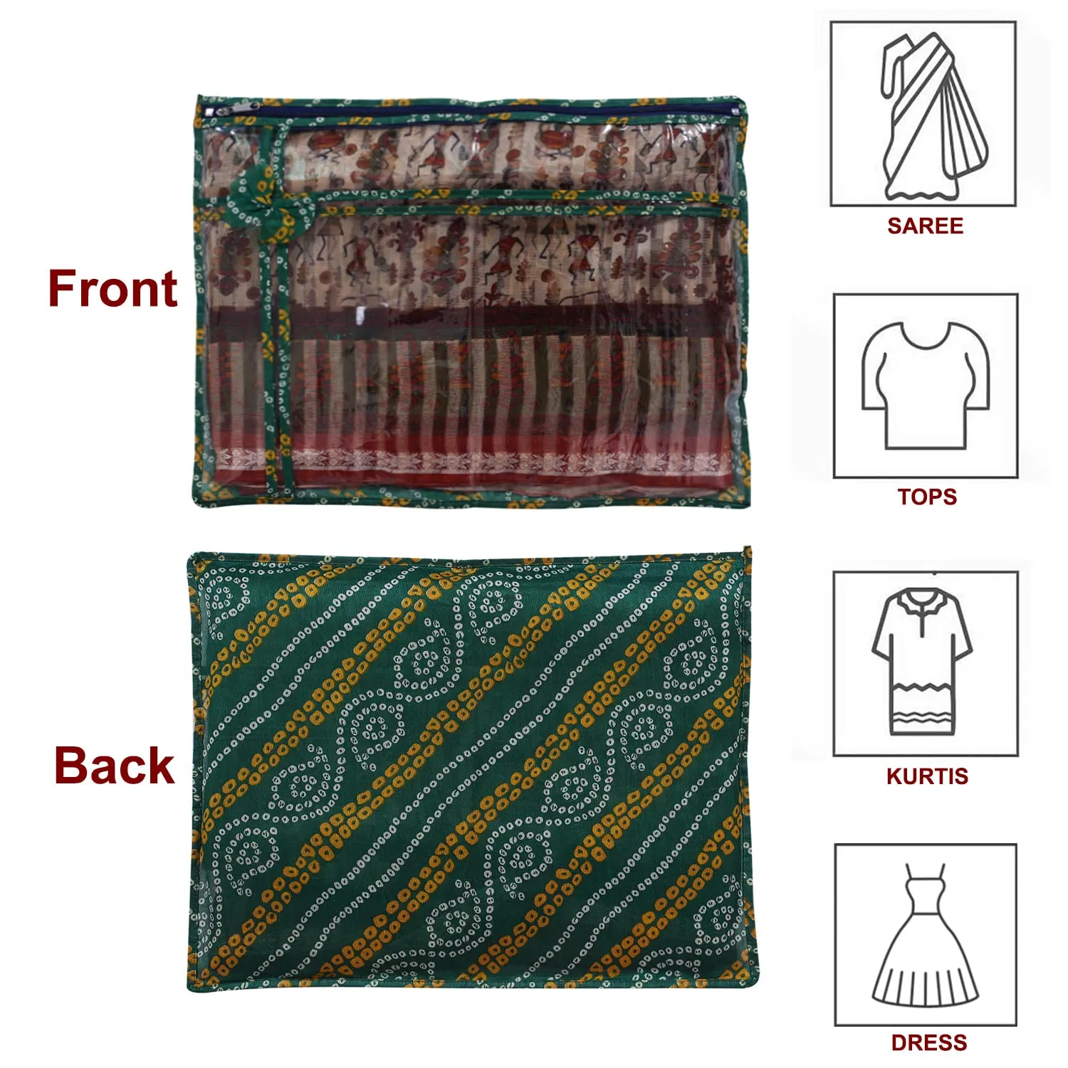 Heart Home Bandhani Print PVC Foldable Single Saree Cover|Clothes Storage For Saree, Lehenga, Suit With Transparent Pack of 3 (Green)