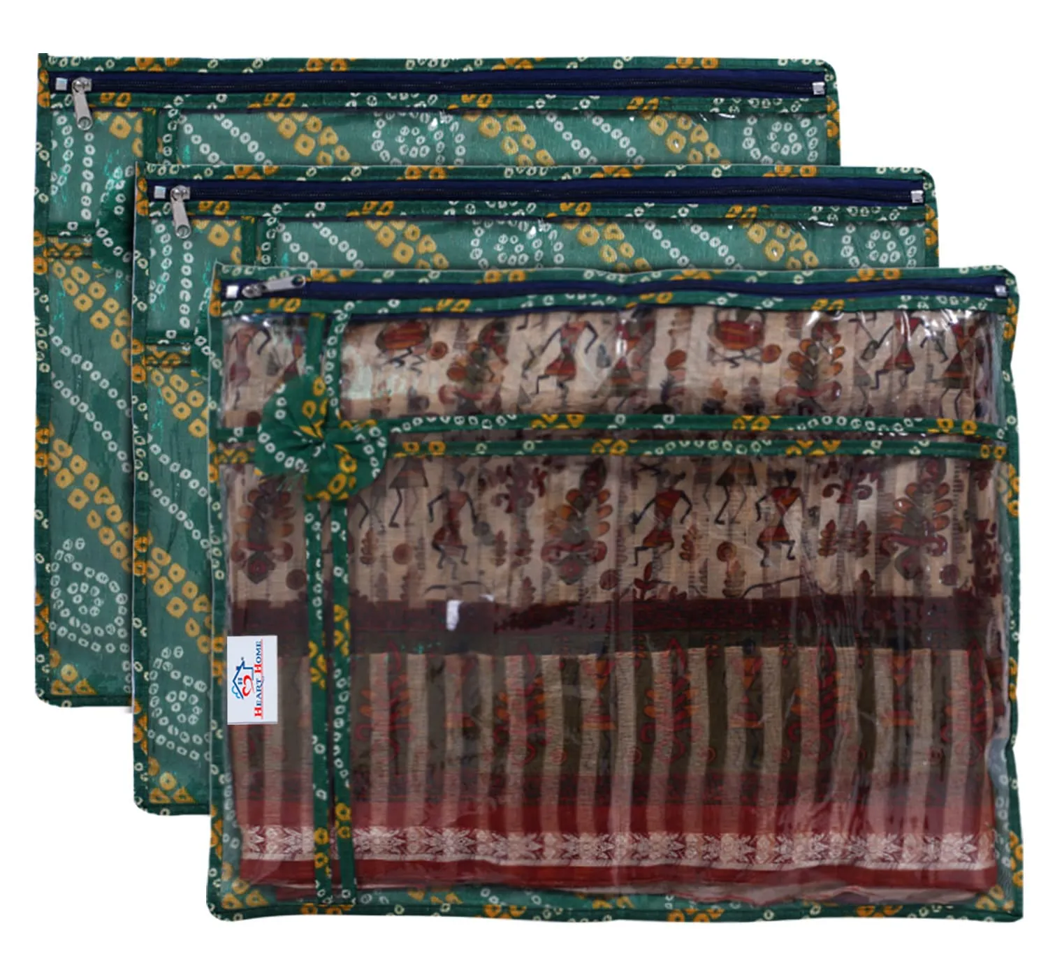 Heart Home Bandhani Print PVC Foldable Single Saree Cover|Clothes Storage For Saree, Lehenga, Suit With Transparent Pack of 3 (Green)