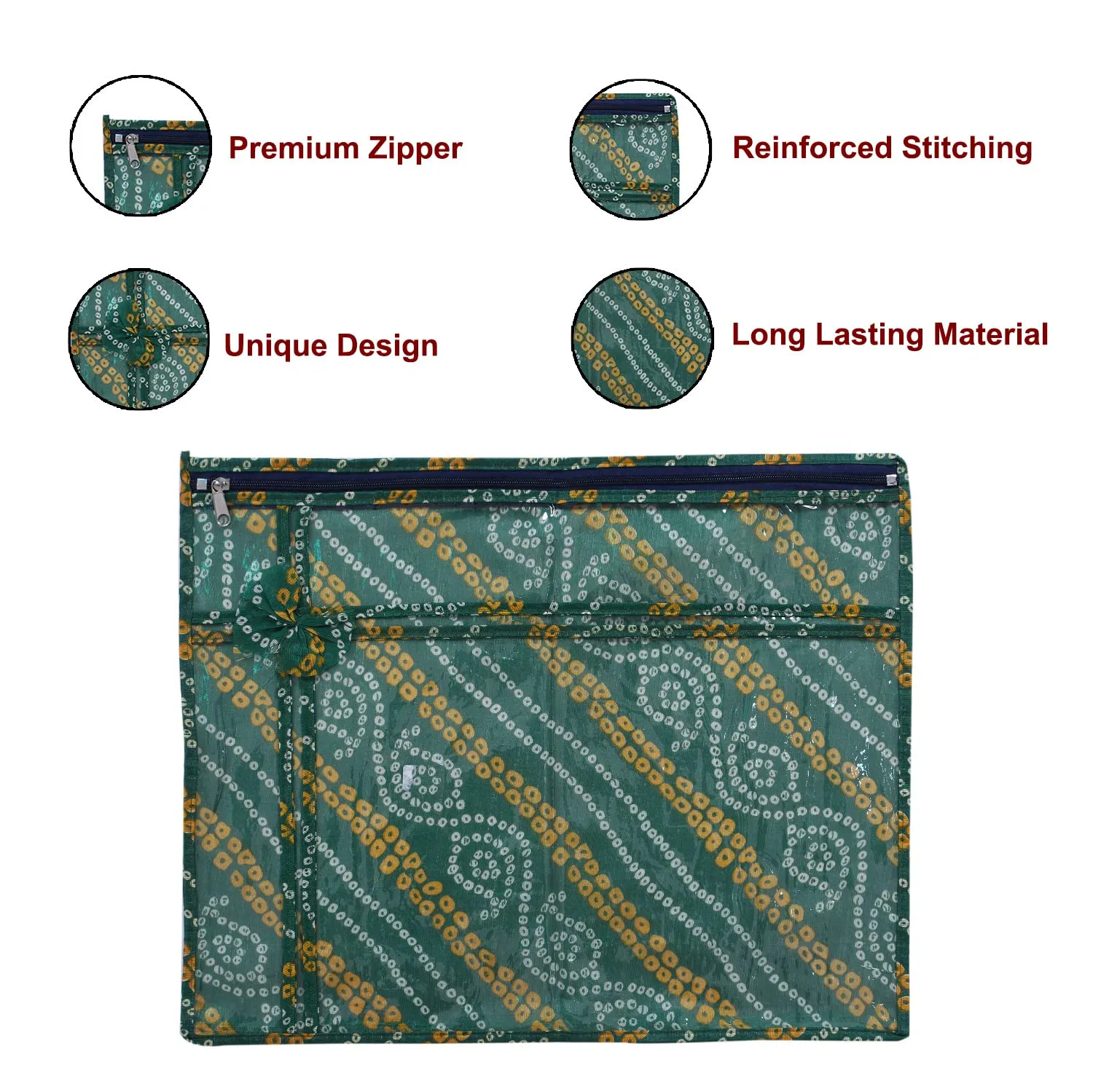 Heart Home Bandhani Print PVC Foldable Single Saree Cover|Clothes Storage For Saree, Lehenga, Suit With Transparent Pack of 3 (Green)