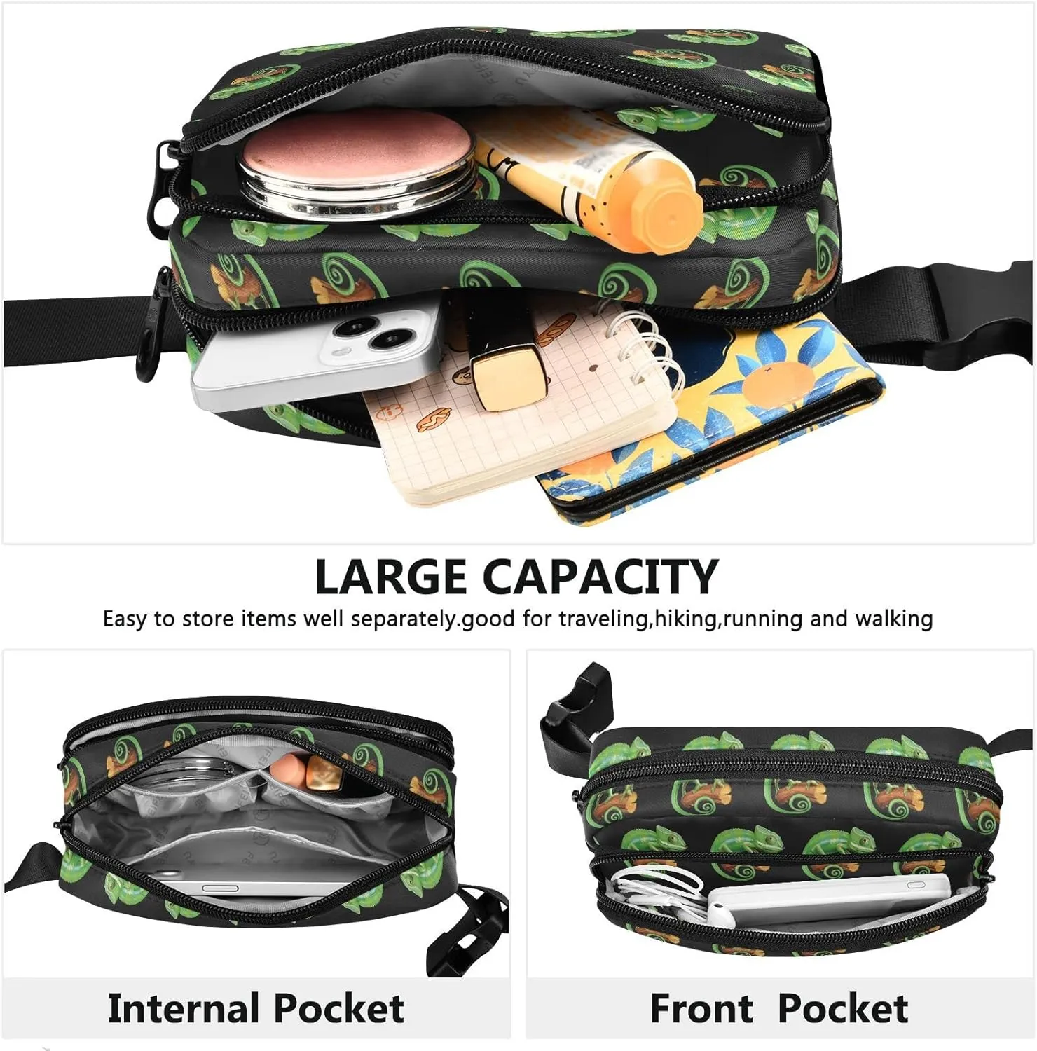 Iguana Reptile Fanny Pack for Men Women,Crossbody Waist Bag Pack with Adjustable Strap Mini Belt Bag for Running Cycling